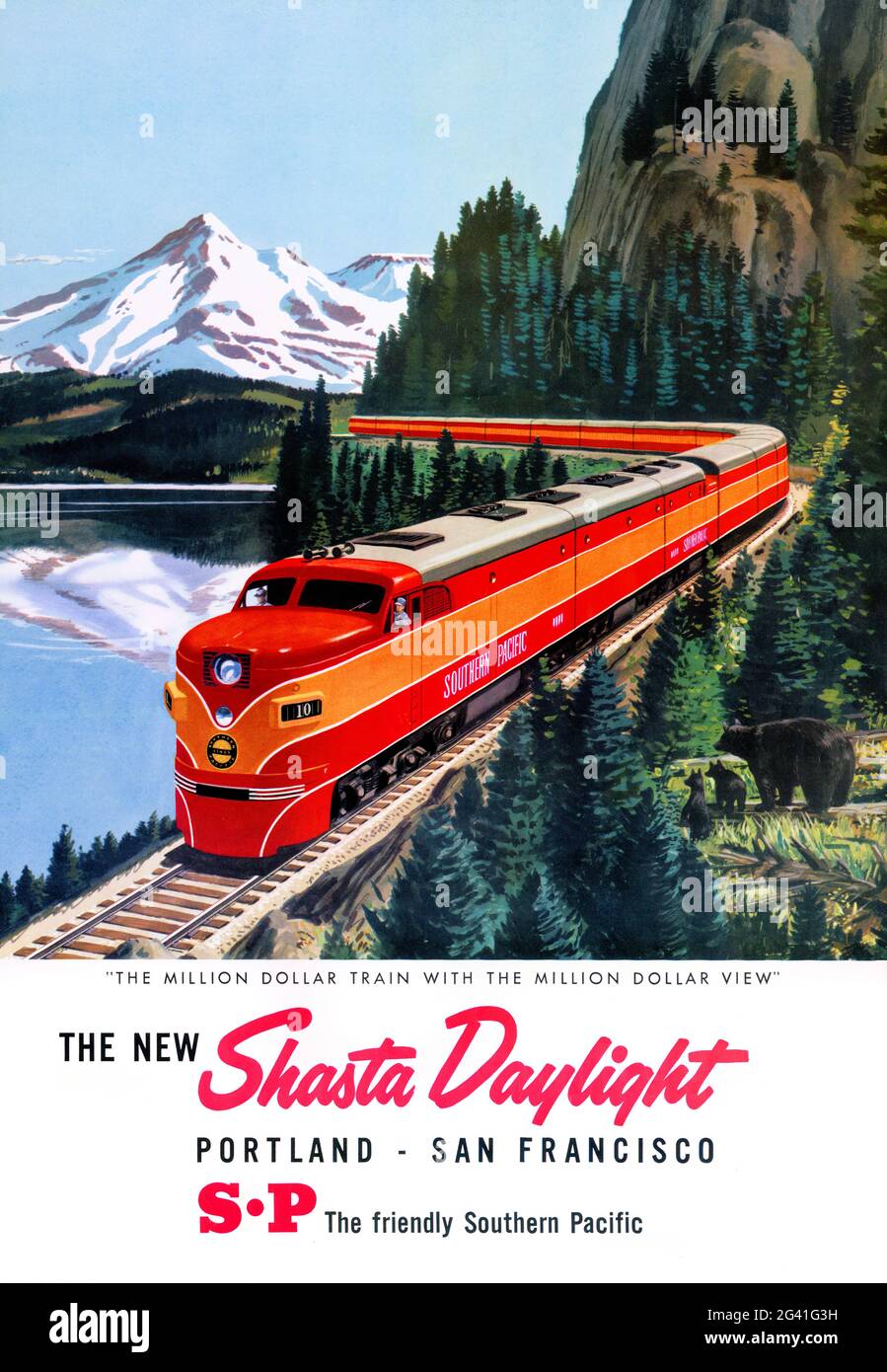 Le nouveau Shasta Daylight. Portland - San Francisco. Artiste inconnu. Affiche ancienne restaurée publiée en 1950 aux États-Unis. Banque D'Images