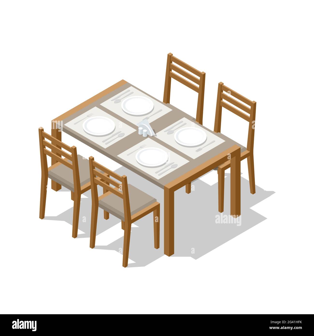 Table isométrique en bois avec quatre chaises isolées sur blanc. Dîner au restaurant. Illustration vectorielle de style plat isolée sur fond blanc Illustration de Vecteur