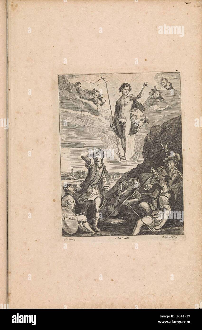 Résurrection du Christ. Christ avec la bannière s'élève et est entouré par des anges. Les soldats dormant se réveillent à sa tombe. Cette impression fait partie d'un album. Banque D'Images