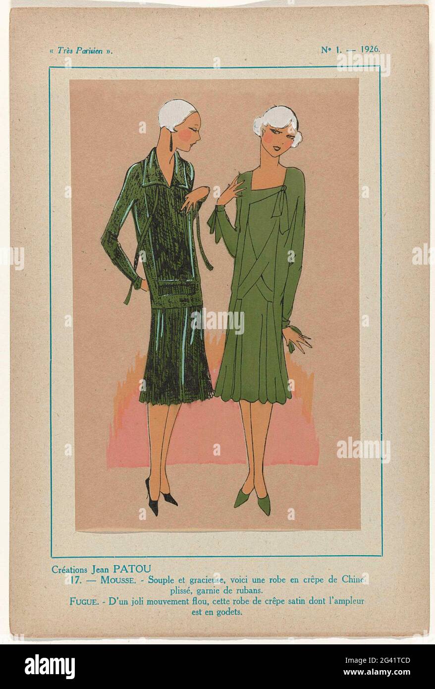 Très parisien, 1926, n° 1, pl. 17: Créations Jean Patou - mousse. TWEE JAPONNEN VAN JEAN PATOU: LIENS VAN CRÉPE OF CHINA, RECHTS VAN CRÉPE OF SATTIN. Avant UIT Het Modetijdschrift très parisien ... Mode, chic, élégance (1920-1936) Banque D'Images
