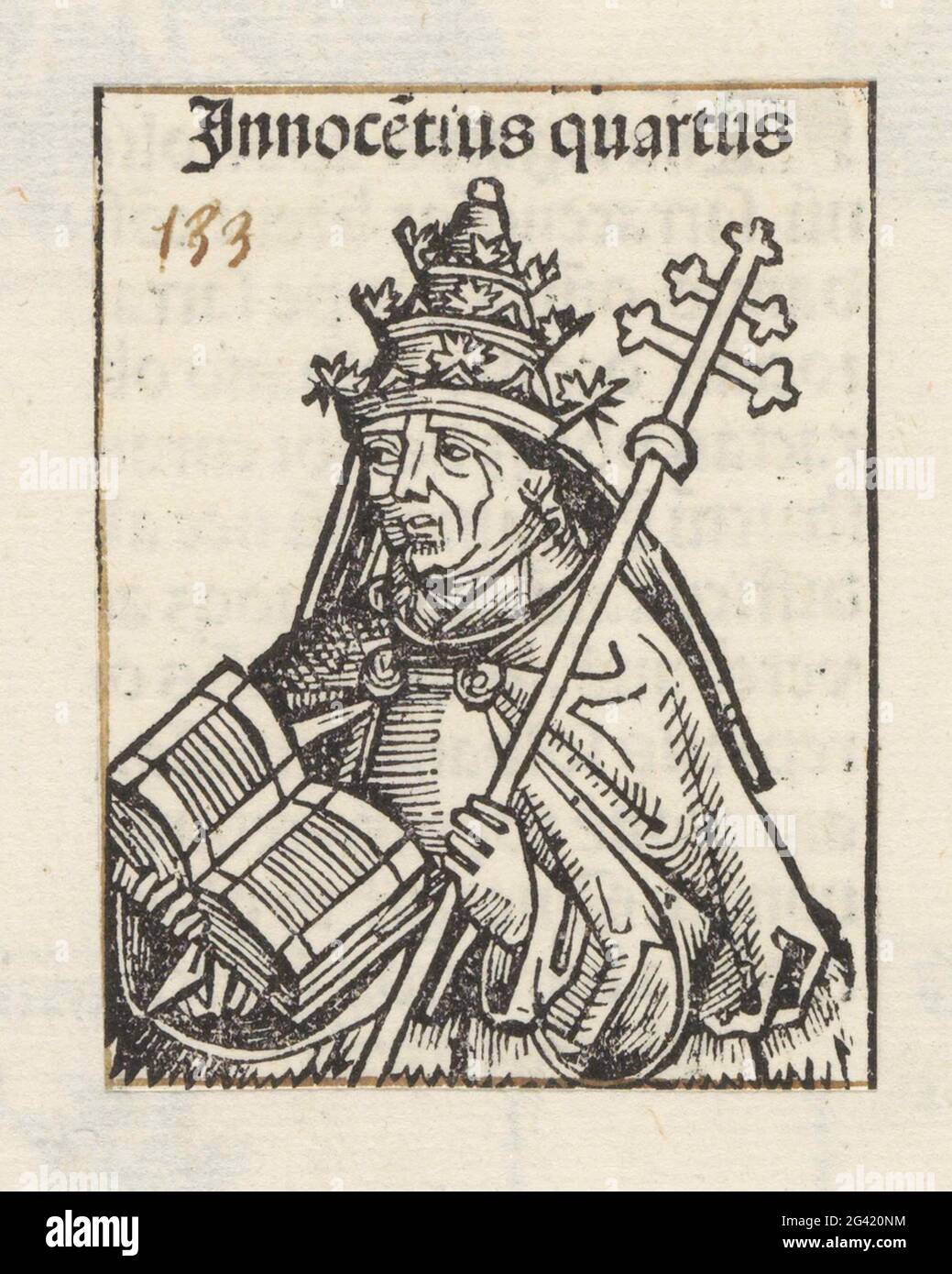 Pope Innocenti IV; Innoce [n] Tius Quartus; Liber chronicarum. Un coq de fleur avec un pape. Il porte un tiara et a un livre battu et un double cross personnel dans ses mains. Le spectacle fait partie de la séquence pop dans le Liber Chronicarum. Le texte identifie l'homme comme innocent IV L'impression fait partie d'un album. Banque D'Images