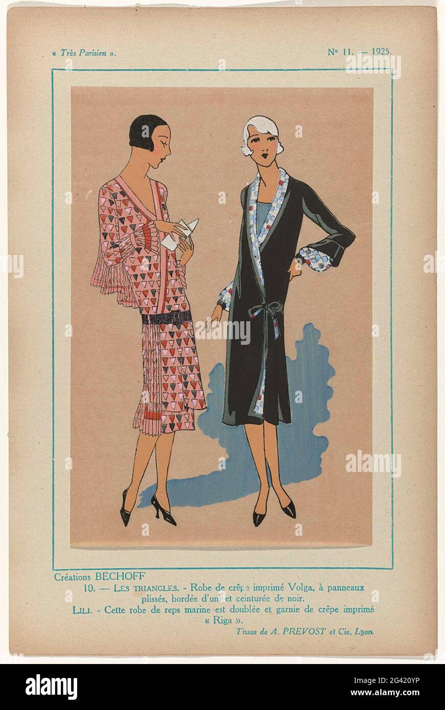 Paris Paris, 1925, n° 11, PL.10: Créches Bechoff - les Triangles. Deux créations de Bechoff, réalisées dans des tissus de A. Prévost, Lyon. JAP de crêpe imprimée et une robe bleu marine, doublée d'un tissu imprimé. Imprimé du magazine de mode Très parisien ... La mode, le chic, l'Élégance (1920-1936) Banque D'Images