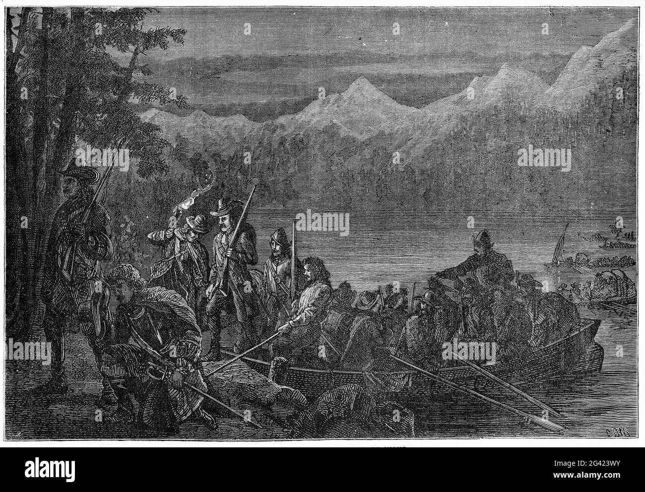 Gravure du Vaudois traversant le lac Léman (lac Léman) par la nuit des années 1550 Banque D'Images