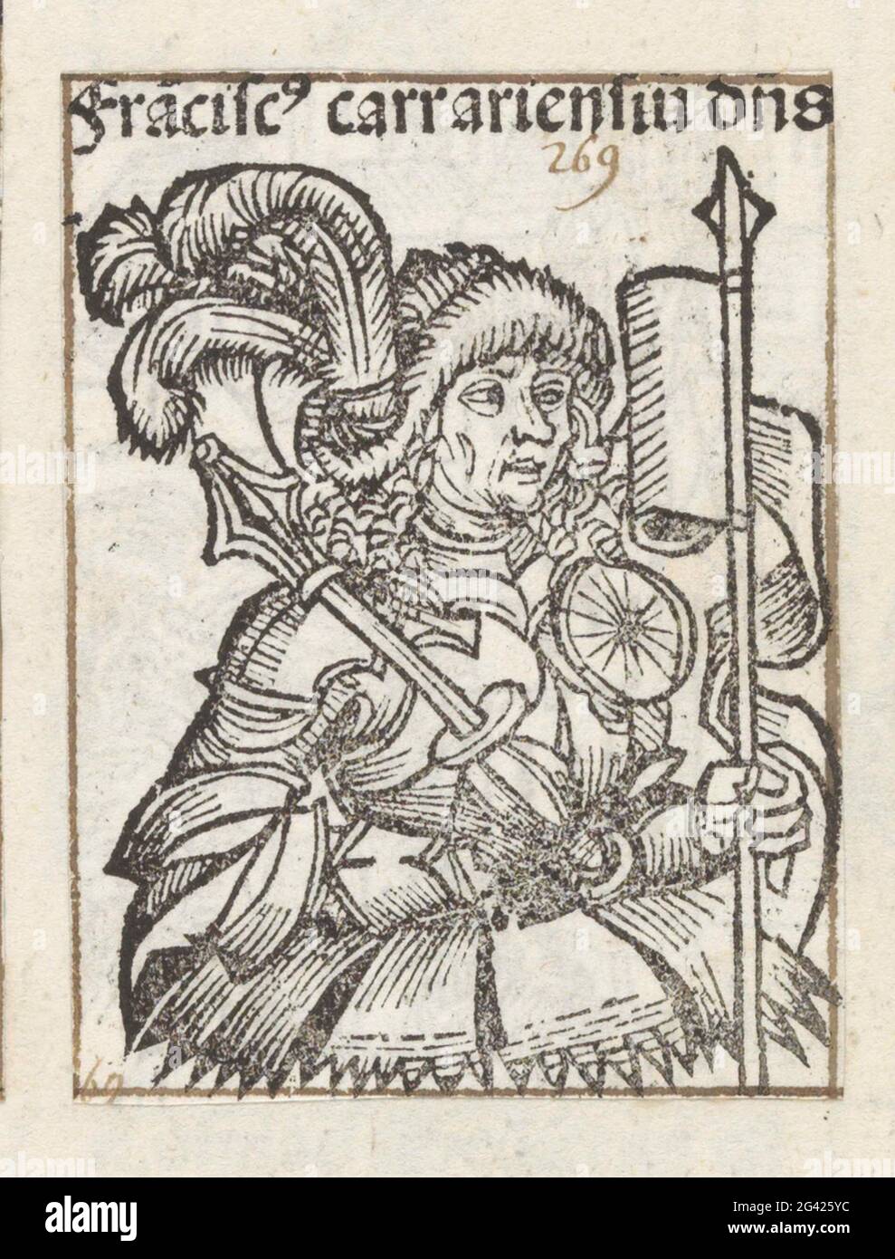 Francesco I Da Carrara; FRA [N] CISC [US] CarrariSiu [M] D [OMI] n [U] S; Liber chronicarum. Un celk de fleur avec un porteur de bannière. Le texte l'identifie comme Francesco I Da Carrara. L'impression fait partie d'un album. Banque D'Images