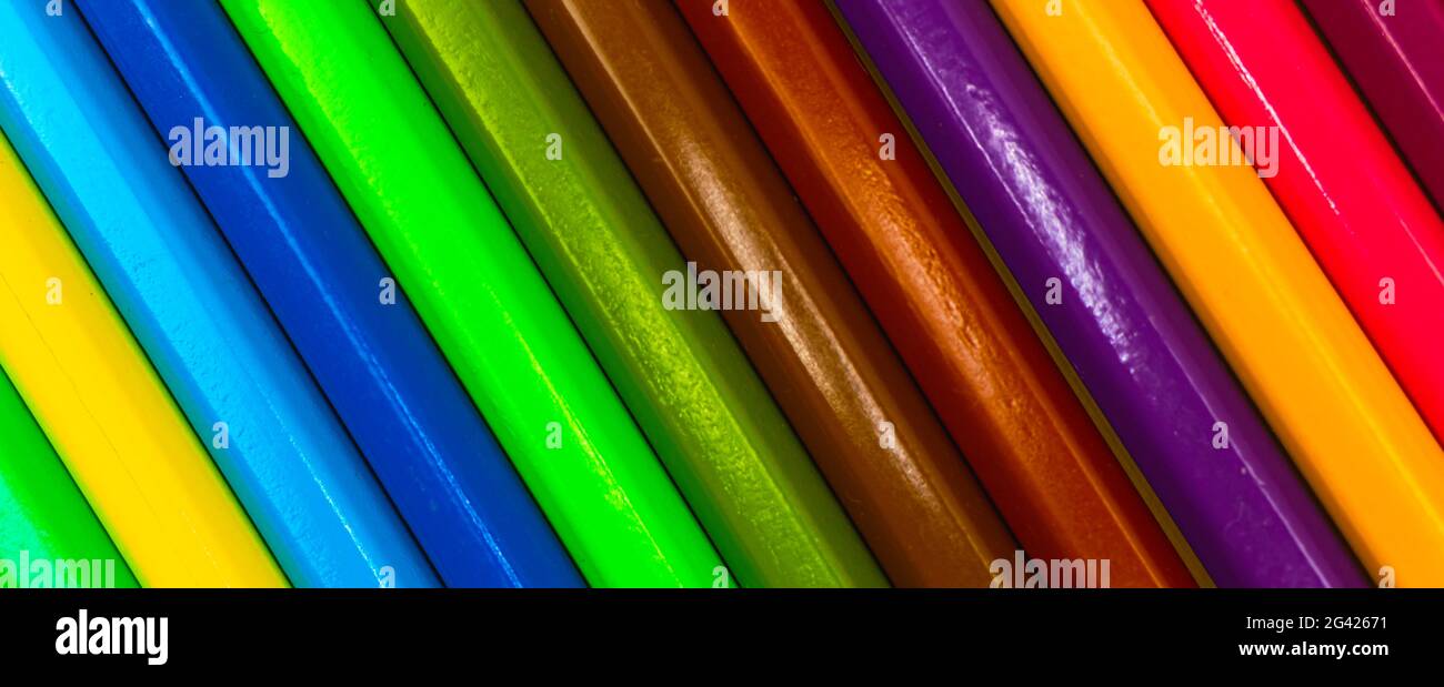 Motif de texture de crayons de couleur gros plan, bannière de crayons multicolores colorés Banque D'Images