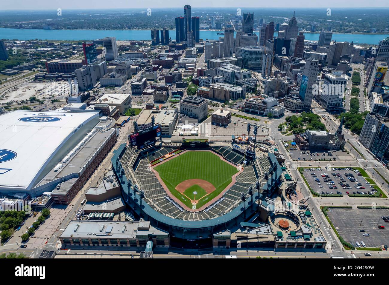 Detroit, Michigan, États-Unis. 11 juin 2021. 11 juin 2021 - Detroit, Michigan, États-Unis: Comerica Park est un parc de baseball en plein air situé dans le centre-ville de Detroit. Il sert de siège aux Detroit Tigers de la Major League Baseball, en remplacement du Tiger Stadium en 2000. Credit: Walter G Arce SR Grindstone Medi/ASP/ZUMA Wire/Alay Live News Banque D'Images