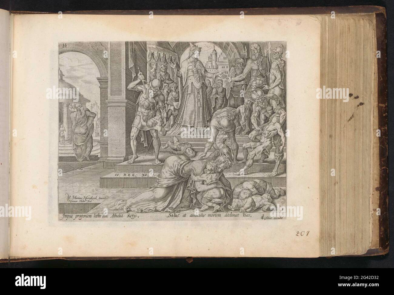 La reine Atalja a laissé les enfants du roi tuer; Gheschiedissis en Juda, d'Athalia et Joas; Histoire de Joas et de la reine Atalja; Den Grooten Figuer Bibel (...). Ataliah, qui a entendu dire que son fils avait tué le roi Achazja, a pour mission de tuer tous les enfants du roi pour qu'elle devienne reine. Les soldats tuent les enfants dans les escaliers. A gauche, Joas, le fils d'Achazja, est sauvé par sa tante. Dans les escaliers, une référence au texte de la Bible en 2 pourrait. 11 : 1. En bas de la marge, un verset en latin sur le spectacle. Cette impression fait partie d'un album. Banque D'Images