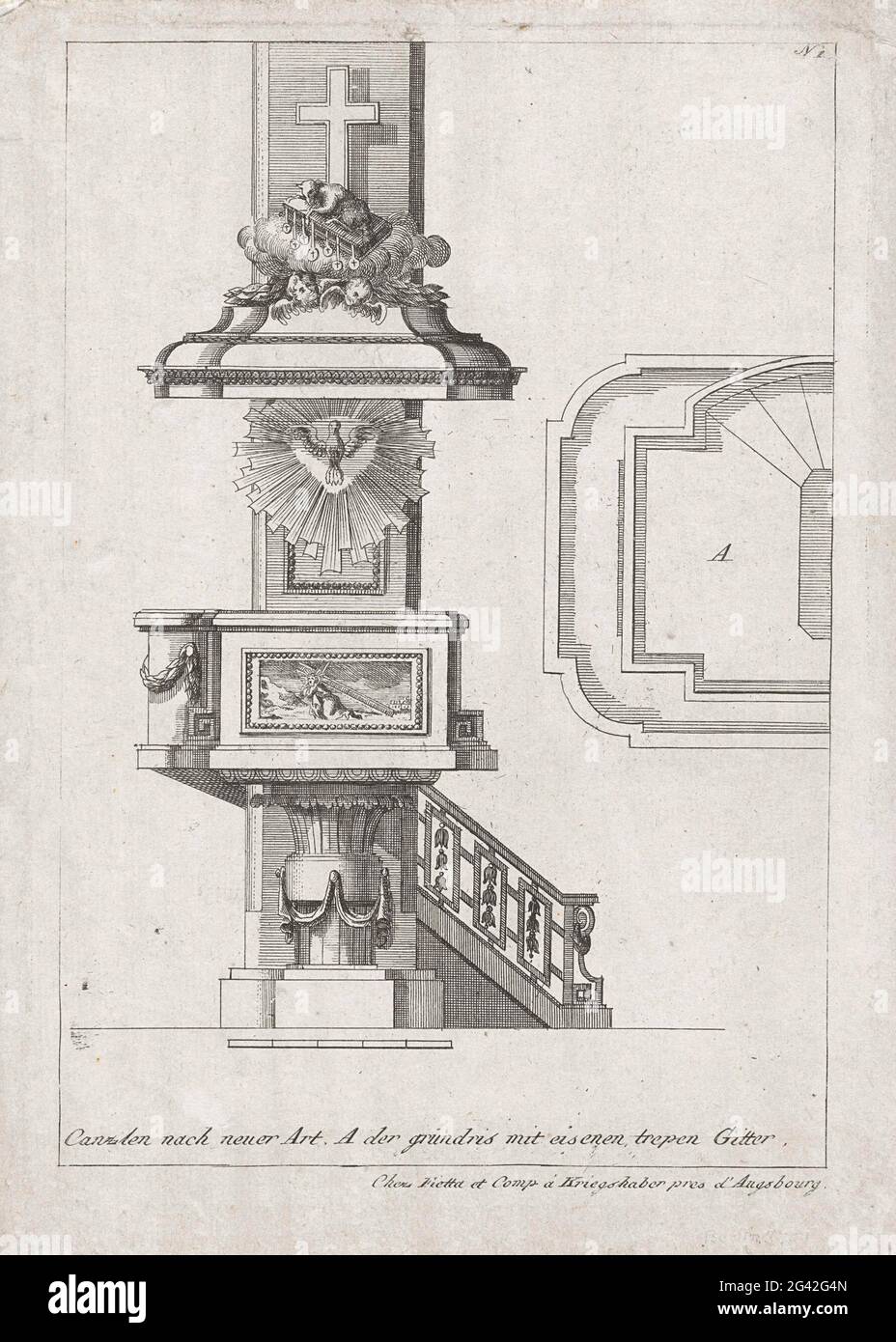 Pupille avec l'agneau et le livre avec les sept timbres; préchaises; Canzlen Nach NECH Neuer Art (...). Vue de face et carte d'une chaire avec des barrières d'escalier en fer. La borque de la chaire est décorée d'une image de Christ qui porte la croix. Au-dessous, il y a une image de l'Esprit Saint sous la forme d'un pigeon dans une couronne à rayons. La chaire est fermée avec un panneau de sondage décoré d'une croix et l'agneau sur le livre avec les sept timbres. Dans le sous-maître un texte allemand. Banque D'Images