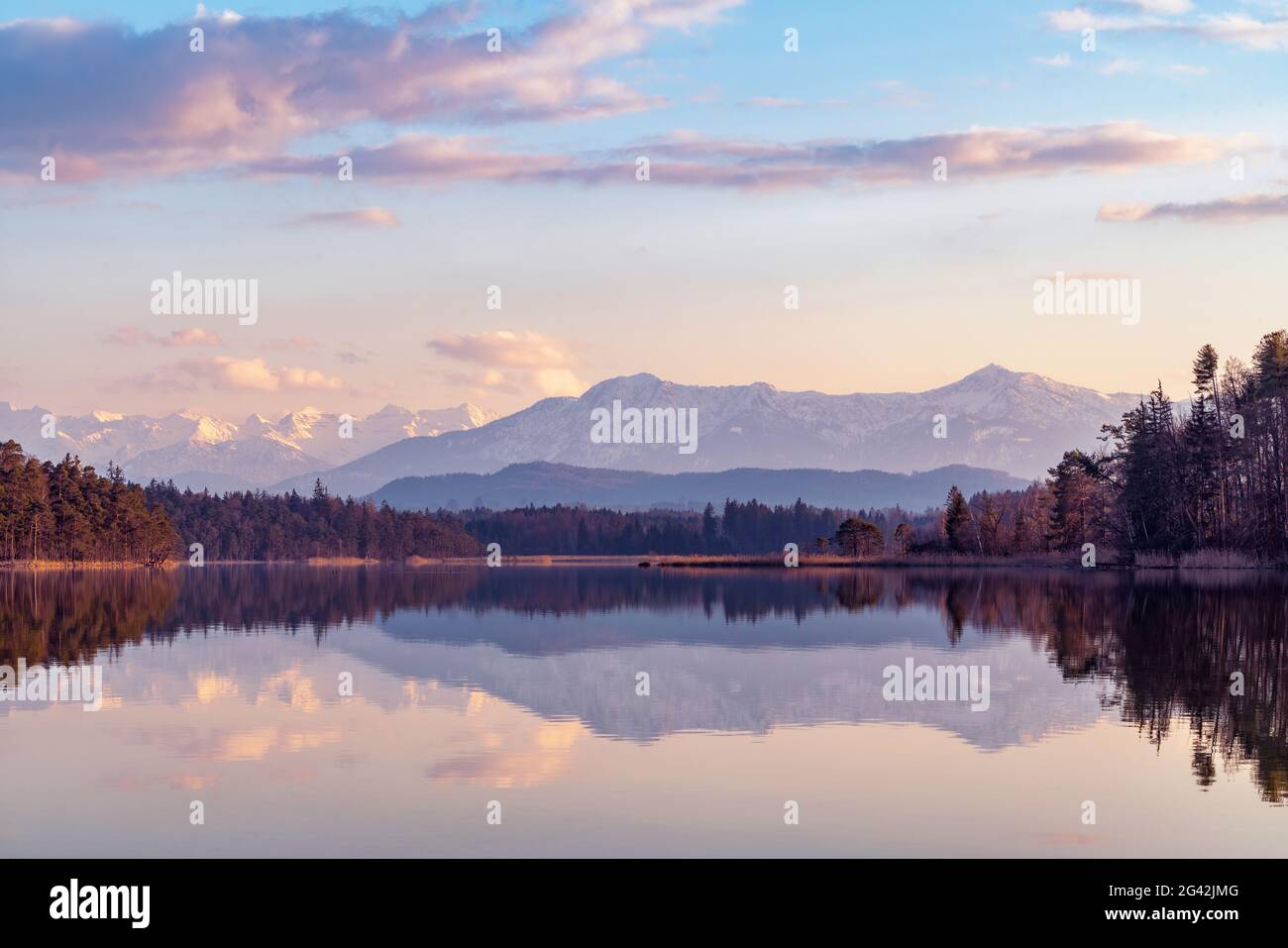 Ambiance du soir au début du printemps à la grande Ostersee, Bavière, Allemagne, Europe Banque D'Images