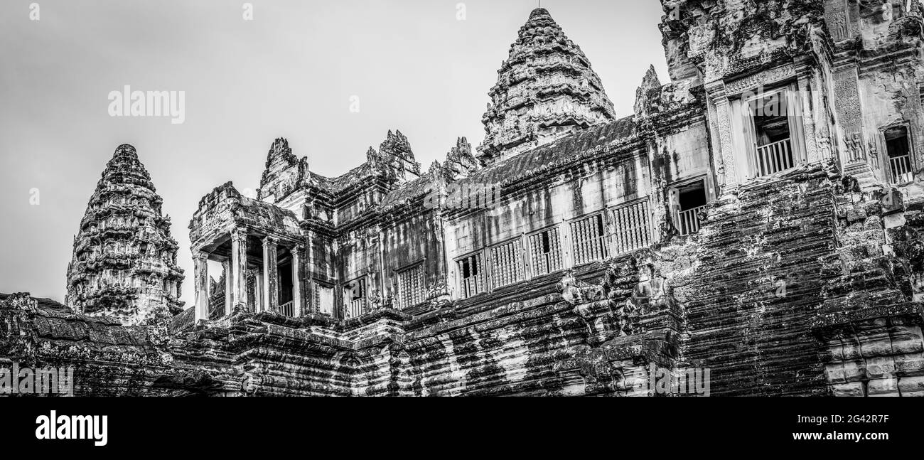 Temple d'Angkor Wat en noir et blanc, Parc archéologique d'Angkor Wat, Siem Reap, Cambodge Banque D'Images