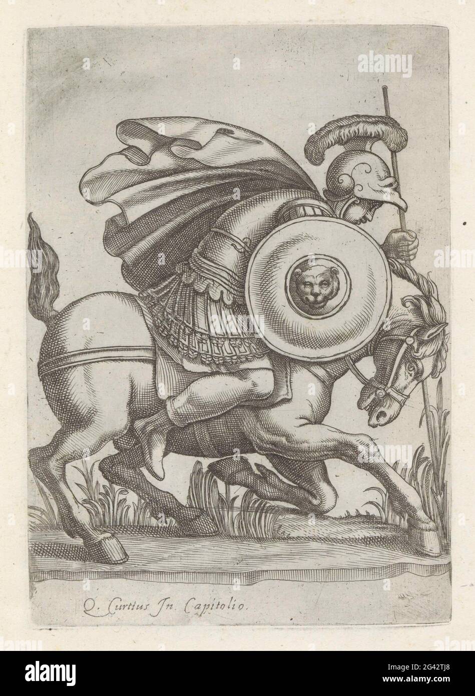 Relief avec l'acte de Marcus Curtius; sculptures anciennes à Rome; Antiquarum Statuarum Urbis Romae quae à Publicis Locis Visuntur Icones. Relief au Curtius Lacus, monument au Forum romain de Rome. Marcus Curtius, à cheval et en armure complète, se transforme en crack sur le forum Romanum. L'impression fait partie d'un album. Banque D'Images