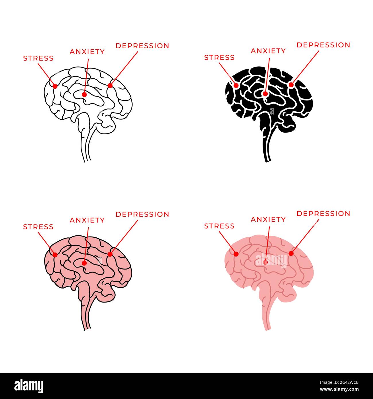 Le cerveau humain est sujet au stress, à l'anxiété et à la dépression. Illustration vectorielle des troubles mentaux. Banque D'Images