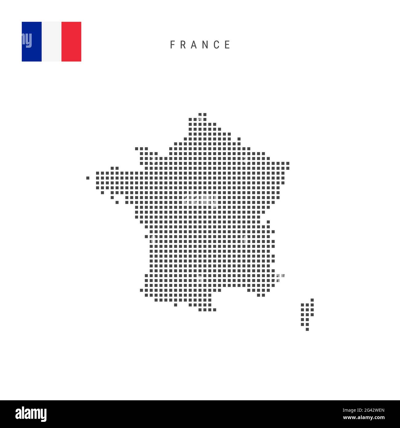 Carte à motif points carrés de France. Carte des pixels en pointillés français avec drapeau national isolé sur fond blanc. Illustration. Banque D'Images