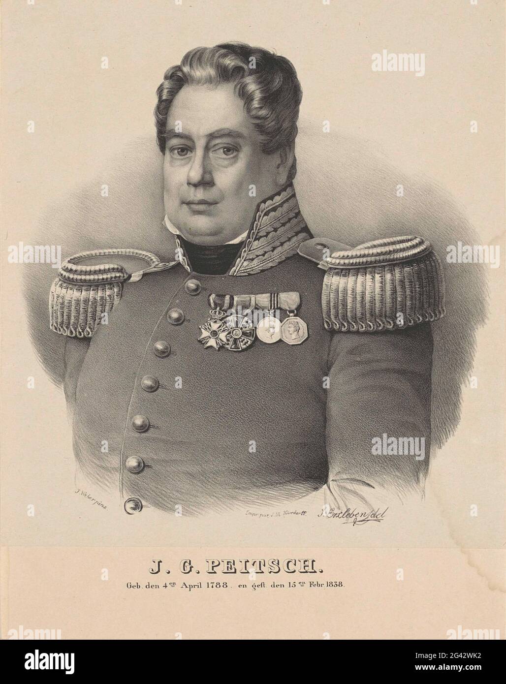 Portrait de J.G. Peitsch. La personne représentée est utilisée pour gauche et porte un uniforme militaire avec des épaulettes quatre ordres de chevalier sur sa poitrine. Banque D'Images