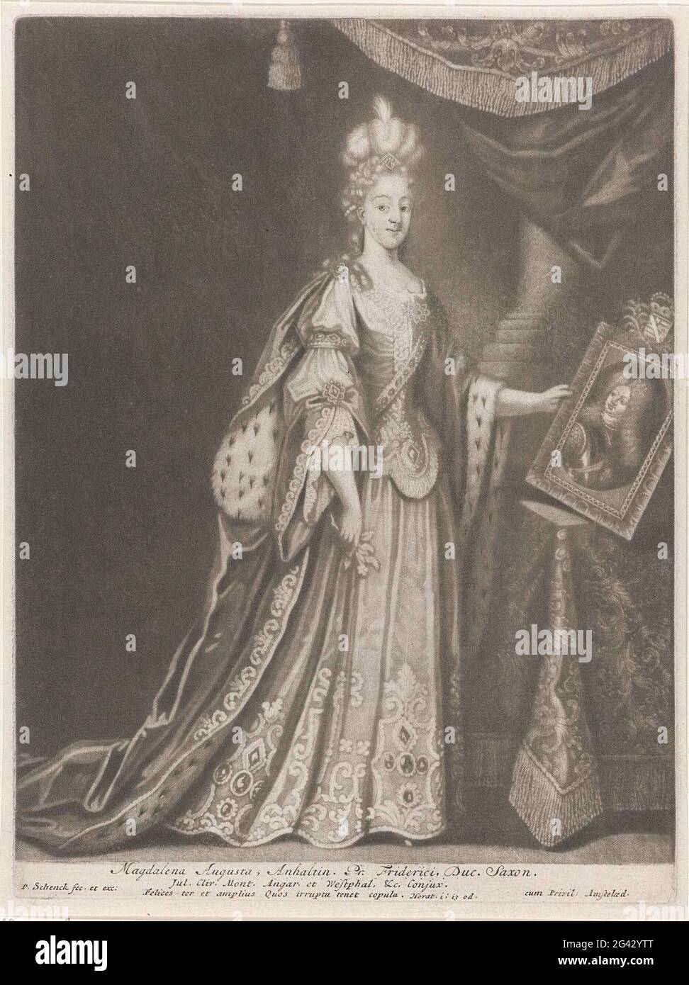 Portrait de Magdalena Augusta d'Anhalt-Zerbst, duchesse de Saxe-Gotha. Magdalena Augusta d'Anhalt-Zerbst, duchesse de Saxe-Gotha, épouse de Friedrich II de Saxe Gotha. À la main un portrait, peut-être de son mari. Banque D'Images