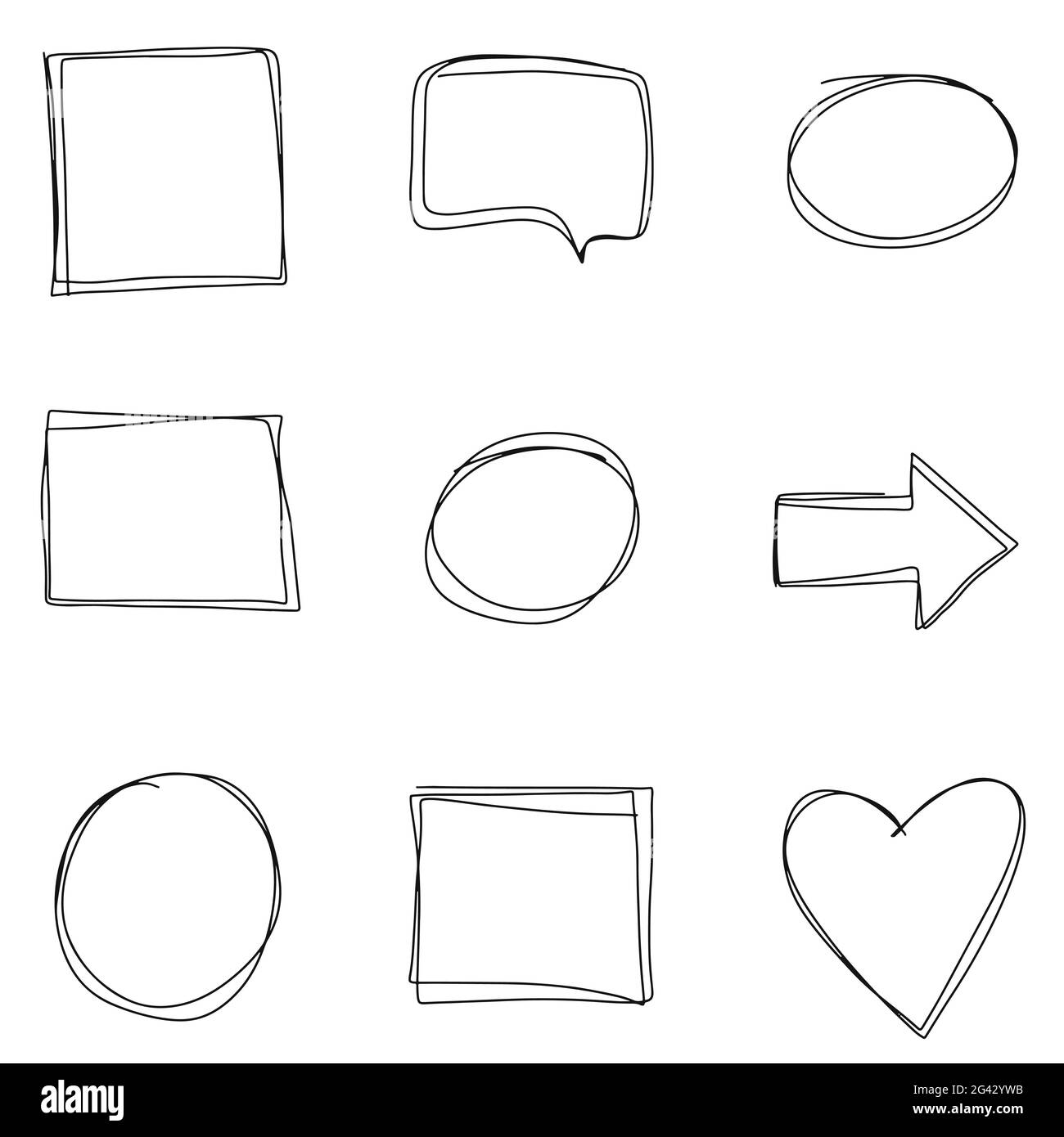 Ensemble de cadres de ligne pour les publications sur les réseaux sociaux. Style Doodle formes carrées, circulaires, coeurs et flèches. Illustration vectorielle noire et blanche à dessin manuel Illustration de Vecteur