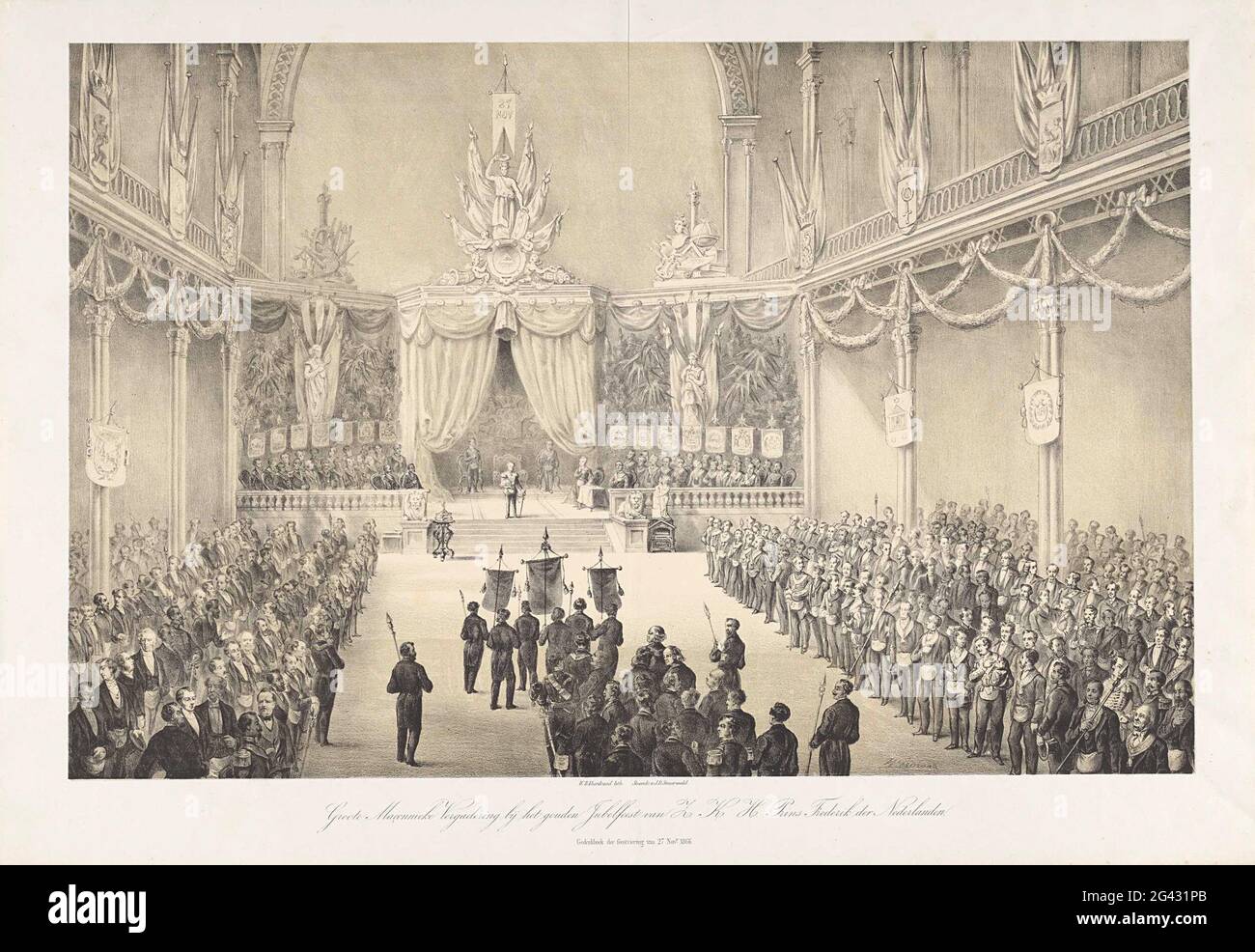 Rencontre de Groote Masonic au jubelf d'or de Z.K.H. Prins Frederik der Nederlanden. Livre commémoratif de la fête du 27 novembre R 1866. Grande rencontre de franc-maçonnerie à l'occasion du Jubilé d'or du Prince Frederik en tant que grand-maître National de l'ordre des francs-mases, 27 novembre 1866. Vue dans une grande salle avec le Prince Central Frederik debout sur une scène, à gauche et à droite autres Freemasons, une délégation avec des bannières entre dans la salle. Banque D'Images