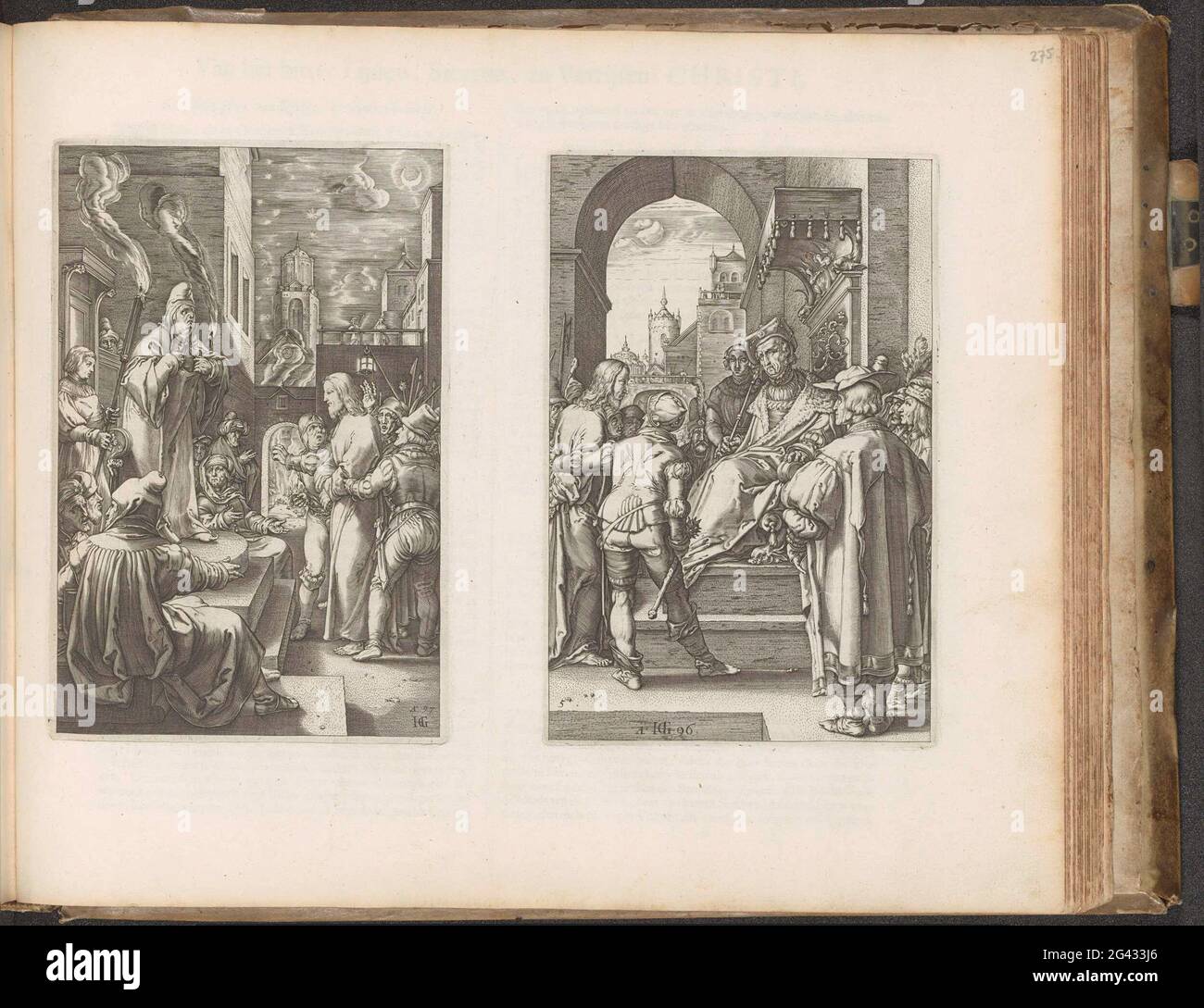 Christ pour Kajafas / Christ pour Pilate; passion du Christ; Den Grooten Emblemata Sacra, composé de plus de quatre cents par des figures de Belsche, comme des anciens comme des Nieuwen Testamments. Deux représentations sur un magazine d'album. Christ est amené à Kajafas sur la gauche spectacle. À droite, il est amené à Pilate. Le magazine fait partie d'un album. Banque D'Images