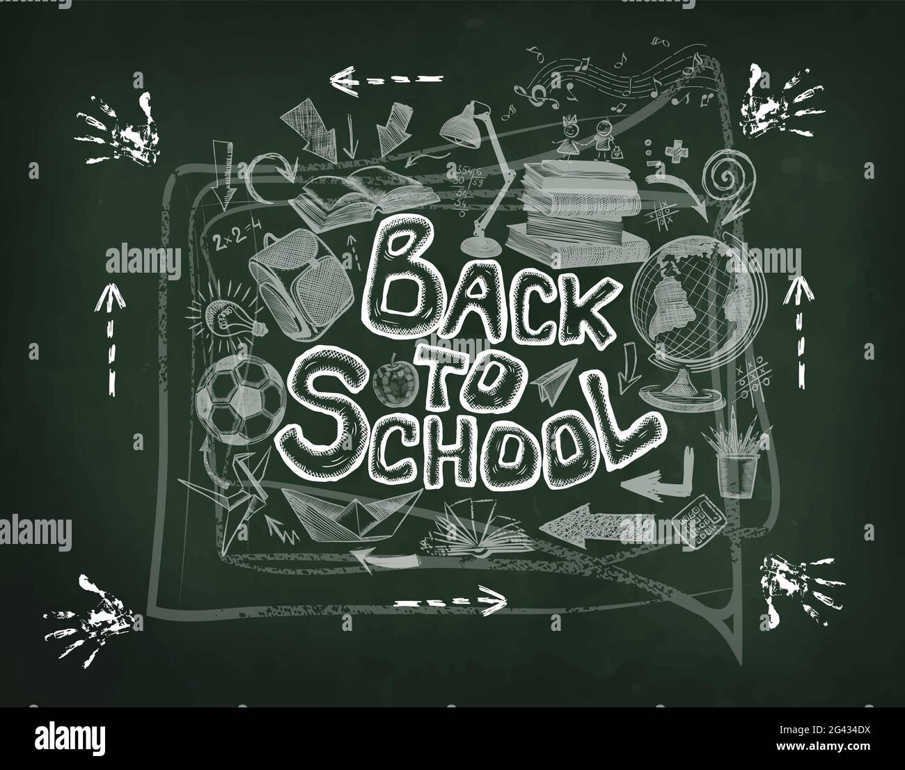 Retour à l'école . Dessin de craie sur une commission scolaire. Ensemble d'articles scolaires. Illustration vectorielle Illustration de Vecteur