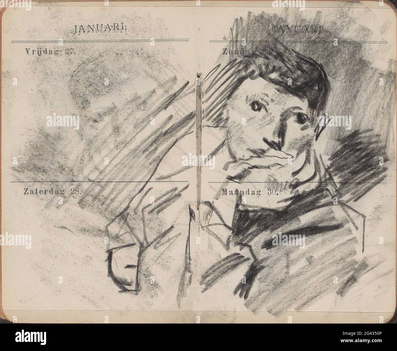 Portrait d'une femme inconnue. Page 35 et page 36 d'un journal utilisé comme carnet de croquis avec 108 feuilles. Banque D'Images