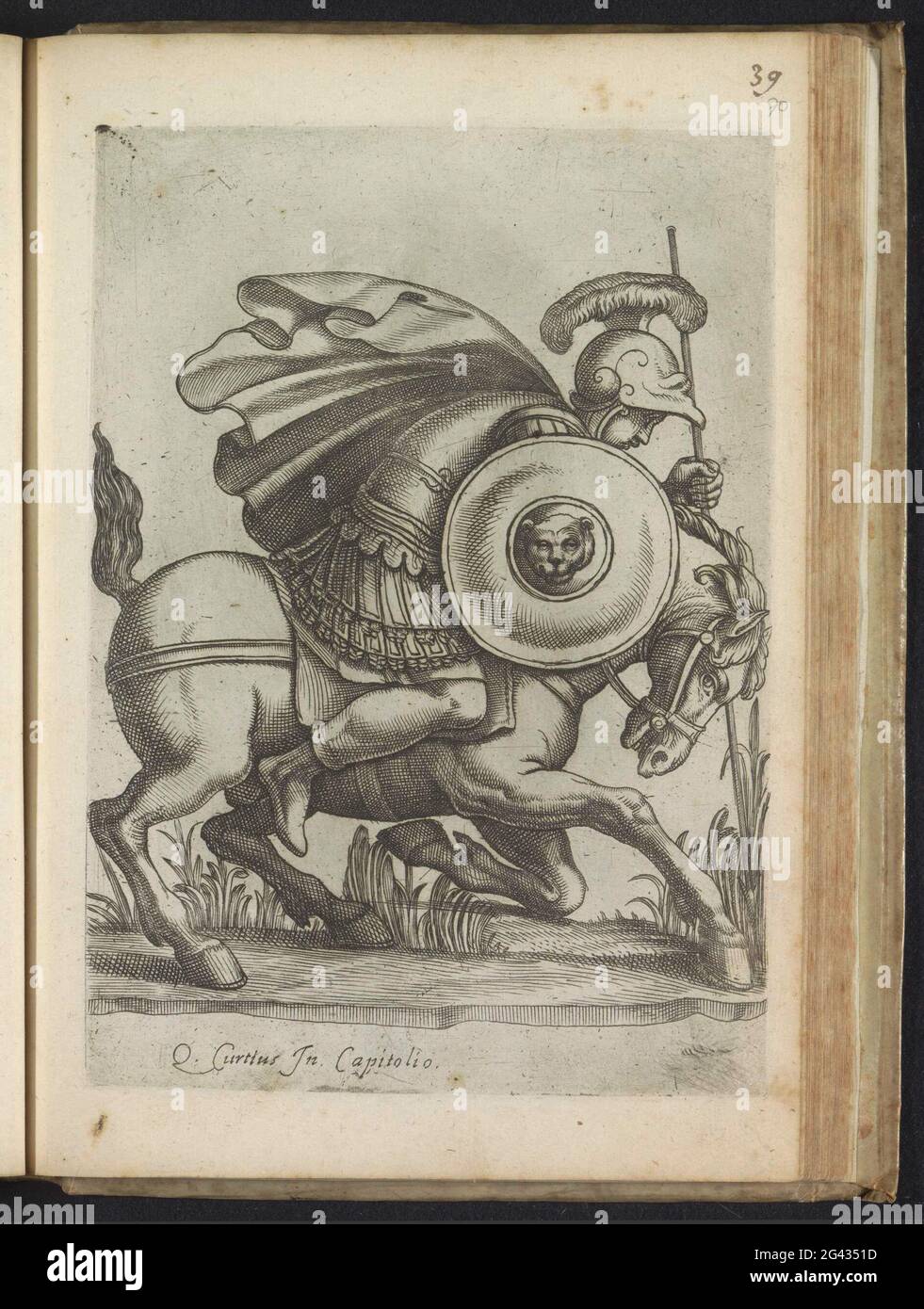 Relief avec l'acte de Marcus Curtius; sculptures anciennes à Rome; Antiquarum Statuarum Urbis Romae quae à Publicis Locis Visuntur Icones. Relief au Curtius Lacus, monument au Forum romain de Rome. Marcus Curtius, à cheval et en armure complète, se transforme en crack sur le forum Romanum. L'impression fait partie d'un album. Banque D'Images