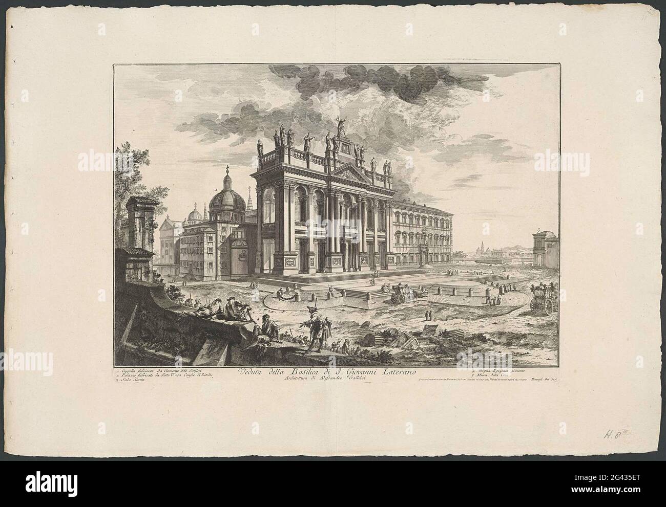 Sint-Jan de Lateran People à Rome; Veduta della Basilica di S. Giovanni Laterano; faces sur Rome; Vedute di Roma Disegnate Ed Incise da Giambattista Piranesi Architeto ve (nez) Iano. Vue sur la façade de la basilique Saint-Jean du peuple de Latran à Rome. Sur la droite, l'escalier Saint (Scala Sancta). Titre et liste explicative des numéros dans Undermarge. Banque D'Images