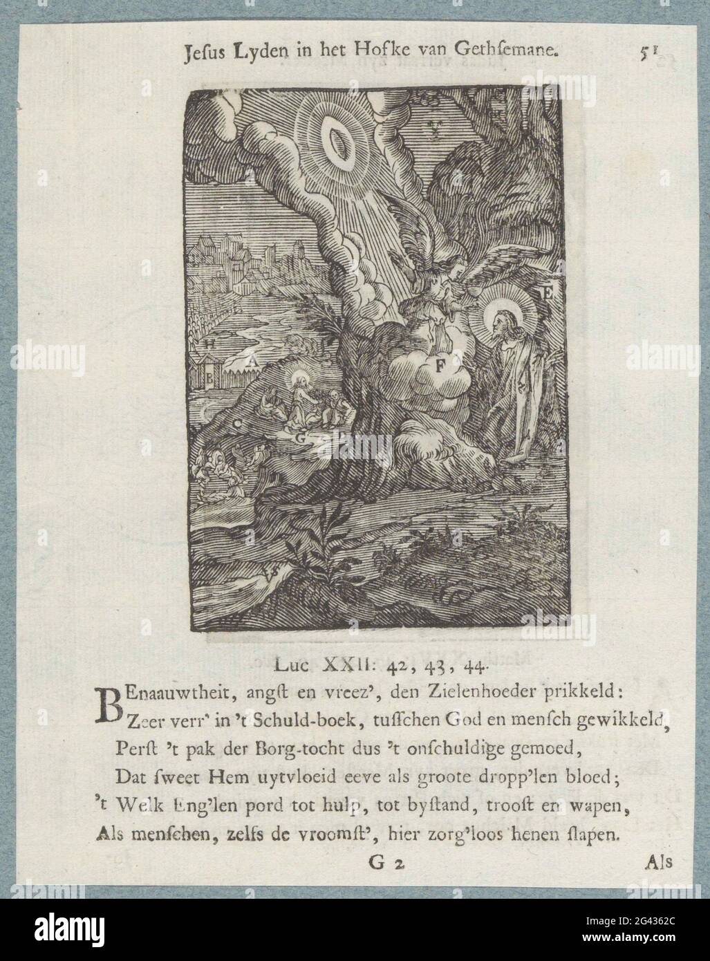 Christ dans la cour de Getemane; Jésus Lyden dans la cour de Gethsemane. Le Christ prie dans la cour de Getemane. Un ange apparaît du ciel avec un calice. Ses étudiants dorment en arrière-plan. Au loin, Judas et les soldats viennent à la porte. Avec divers éléments de l'émission sont des lettres. Au-dessus de l'affiche un titre. Il y a six nouvelles règles et une référence à Luc 22: 42-44. L'impression fait partie d'un album. Banque D'Images