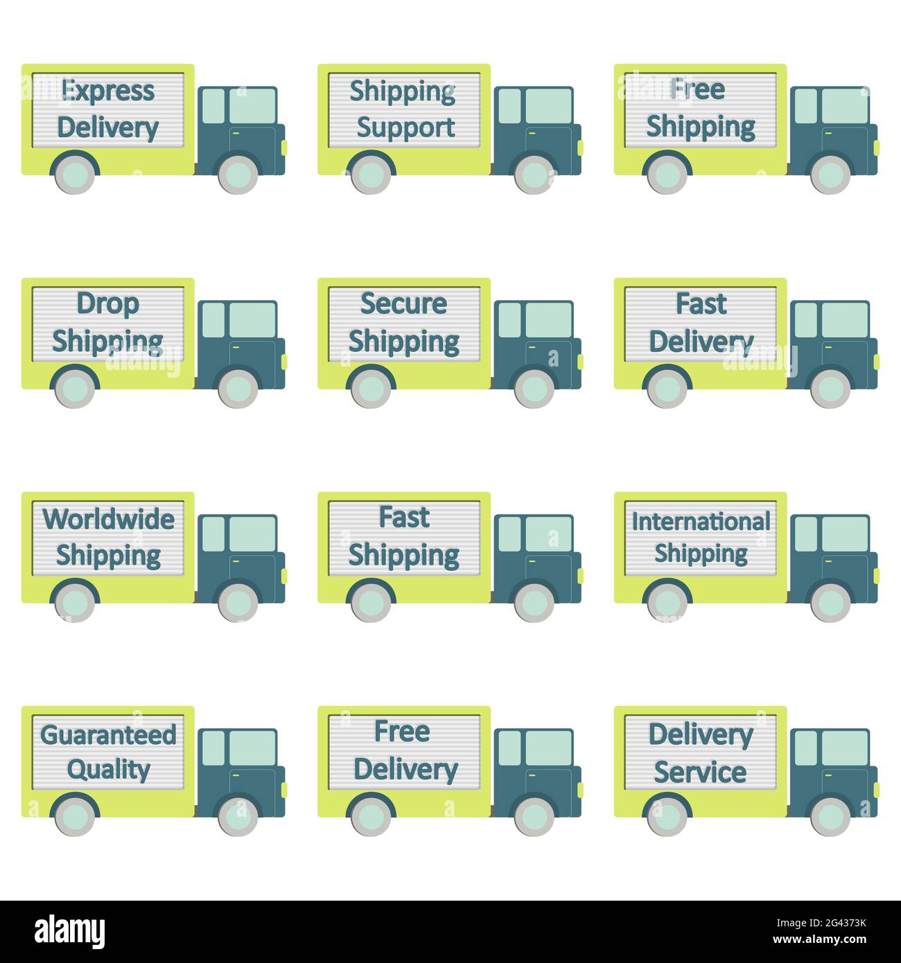 Douze icônes Web sur l'expédition et la livraison en forme de camion. Arrière-plan blanc. Illustration de Vecteur