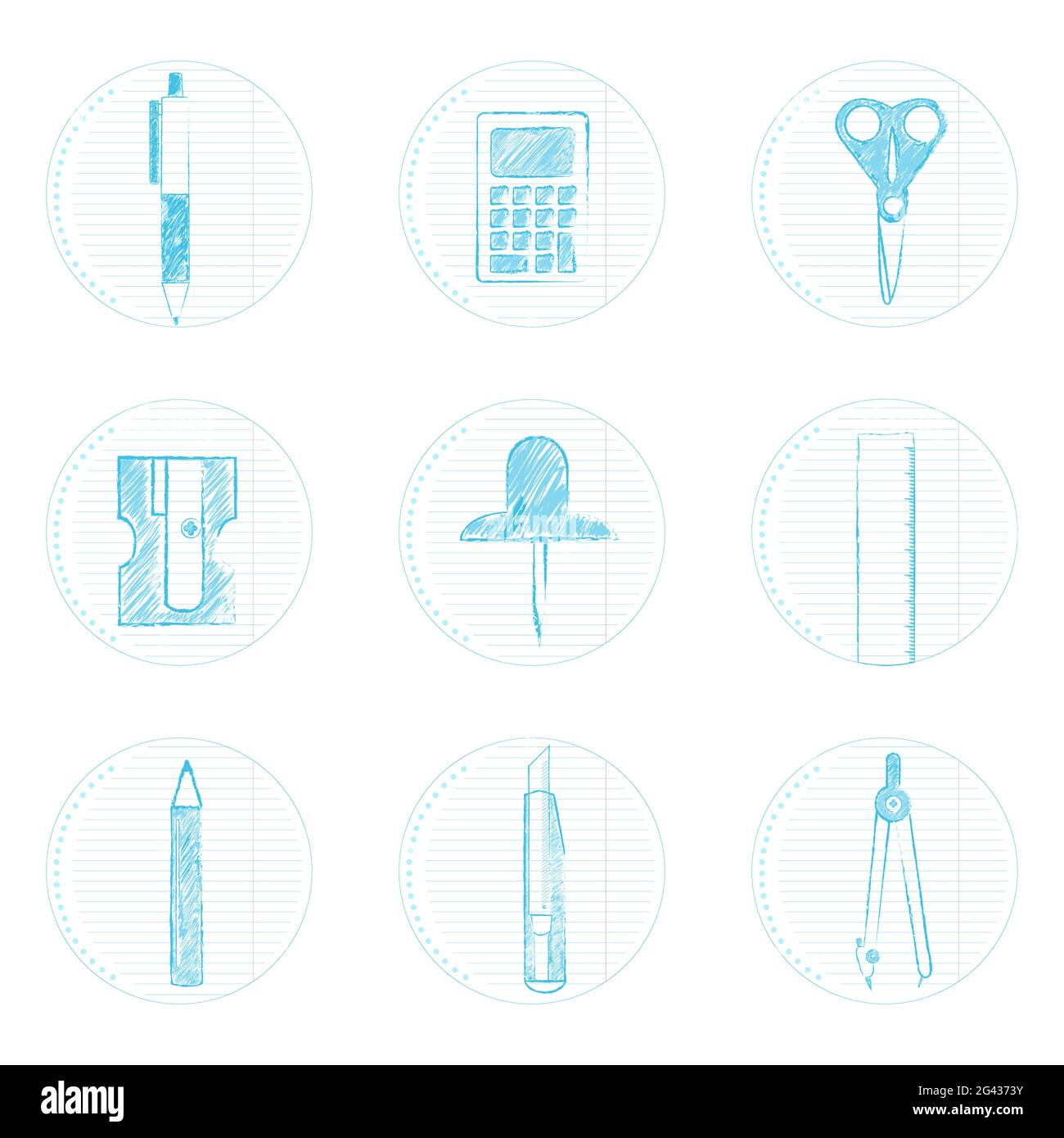 Icônes circulaires sous forme de bloc-notes avec calculatrice, ciseaux, stylo, boussole de dessin, broche, taille-crayon, crayon, règle, stylet Illustration de Vecteur