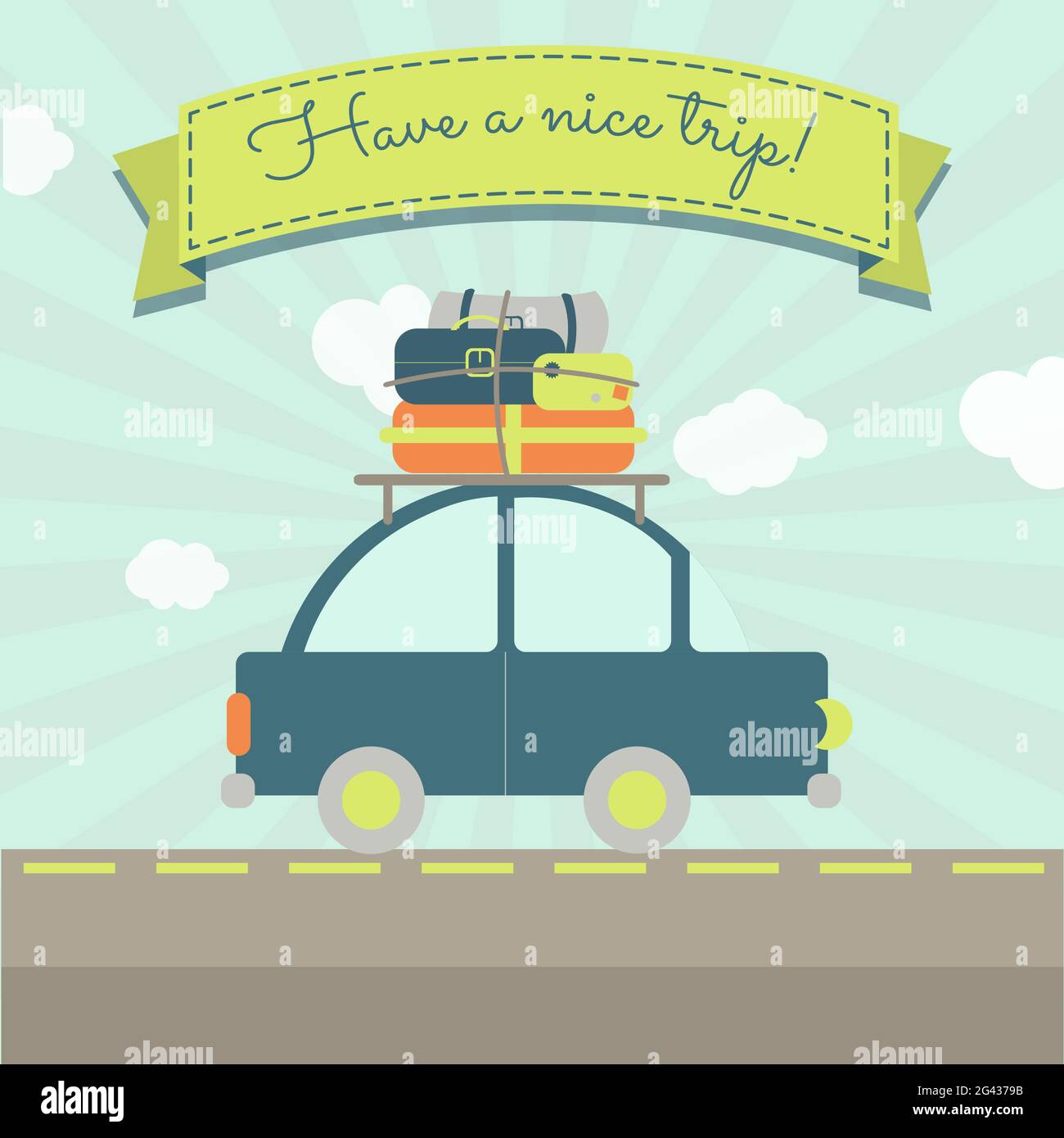 Une voiture avec des bagages et un ruban avec le texte « faire un bon voyage » Illustration de Vecteur