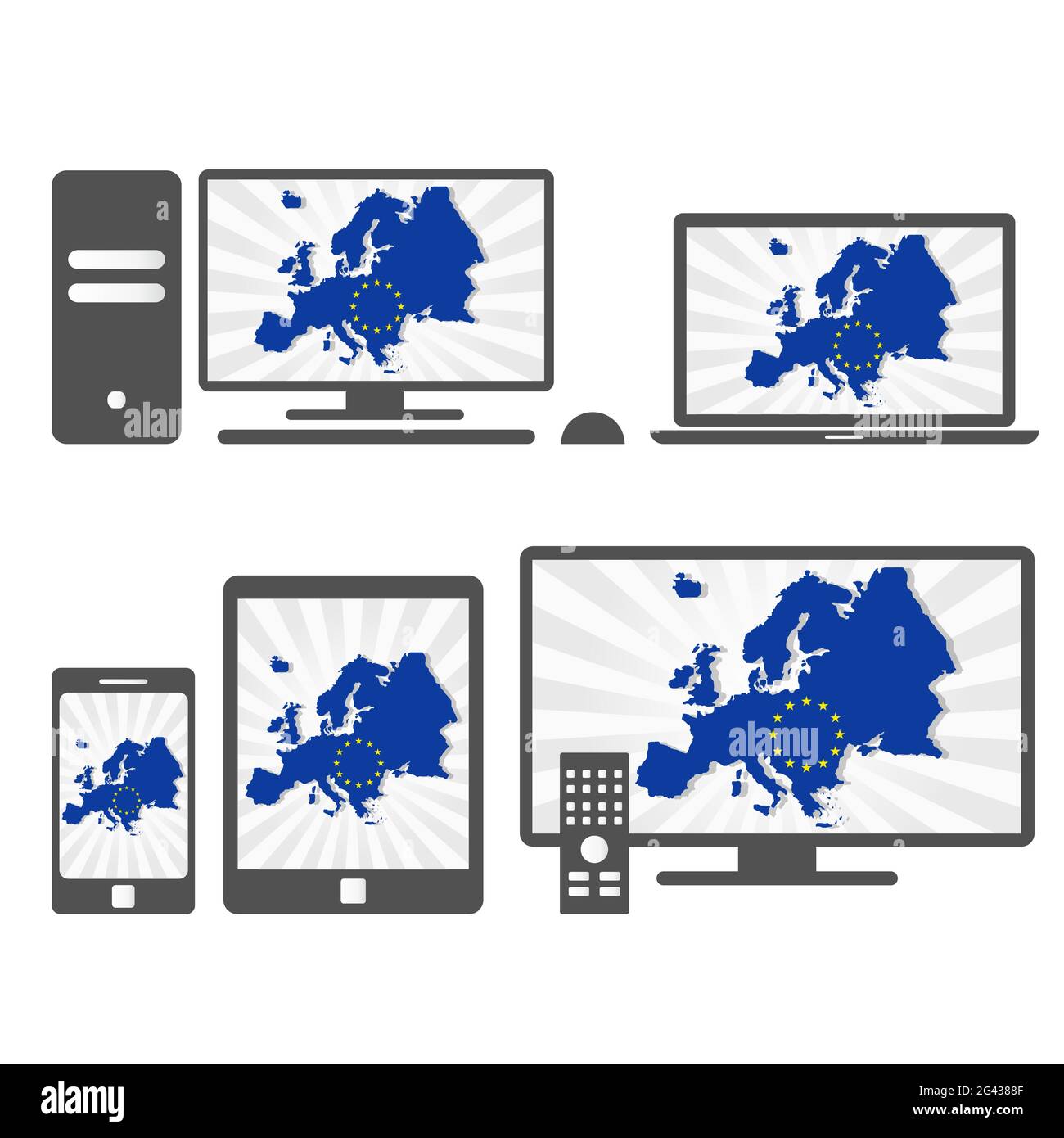 De nombreux périphériques (tablette, pc, téléphone portable, ordinateur portable, Smart tv) avec la carte et le drapeau de l'Europe. Illustration de Vecteur