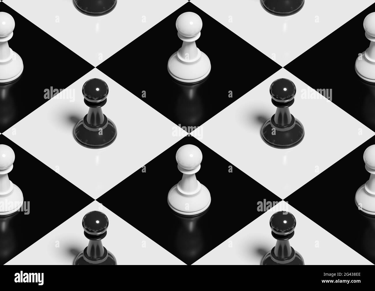 Pions sur un plateau d'échecs. Répétition isométrique sans couture. illustration 3d. Banque D'Images