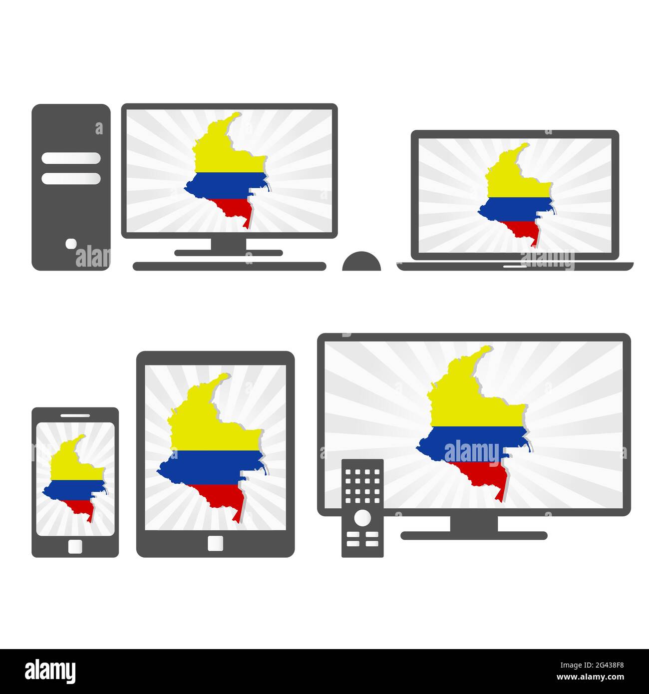 De nombreux périphériques (tablette, pc, téléphone portable, ordinateur portable, Smart tv) avec la carte et le drapeau de la Colombie. Illustration de Vecteur