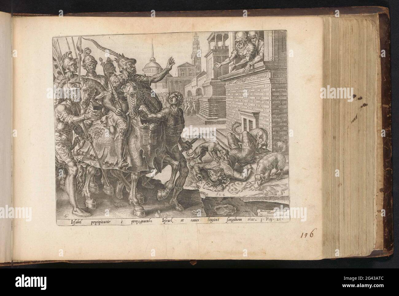 Le corps d'Izebels est mangé par les chiens; d'Achab et de Naboth; Histoire d'Achab, d'Izebel et de Nabot; Den Grooten Figuer Bibel (...). Après qu'elle a été jetée par la fenêtre et que la mort a été abandonnée, le corps d'Izebels est mangé pour les portes de la ville par les chiens. Jéhu, le nouveau roi d'Israël, regarde la scène avec ses soldats. Sous la montre une référence au texte de la Bible en 1. 21 en latin. L'impression fait partie d'un album. Banque D'Images