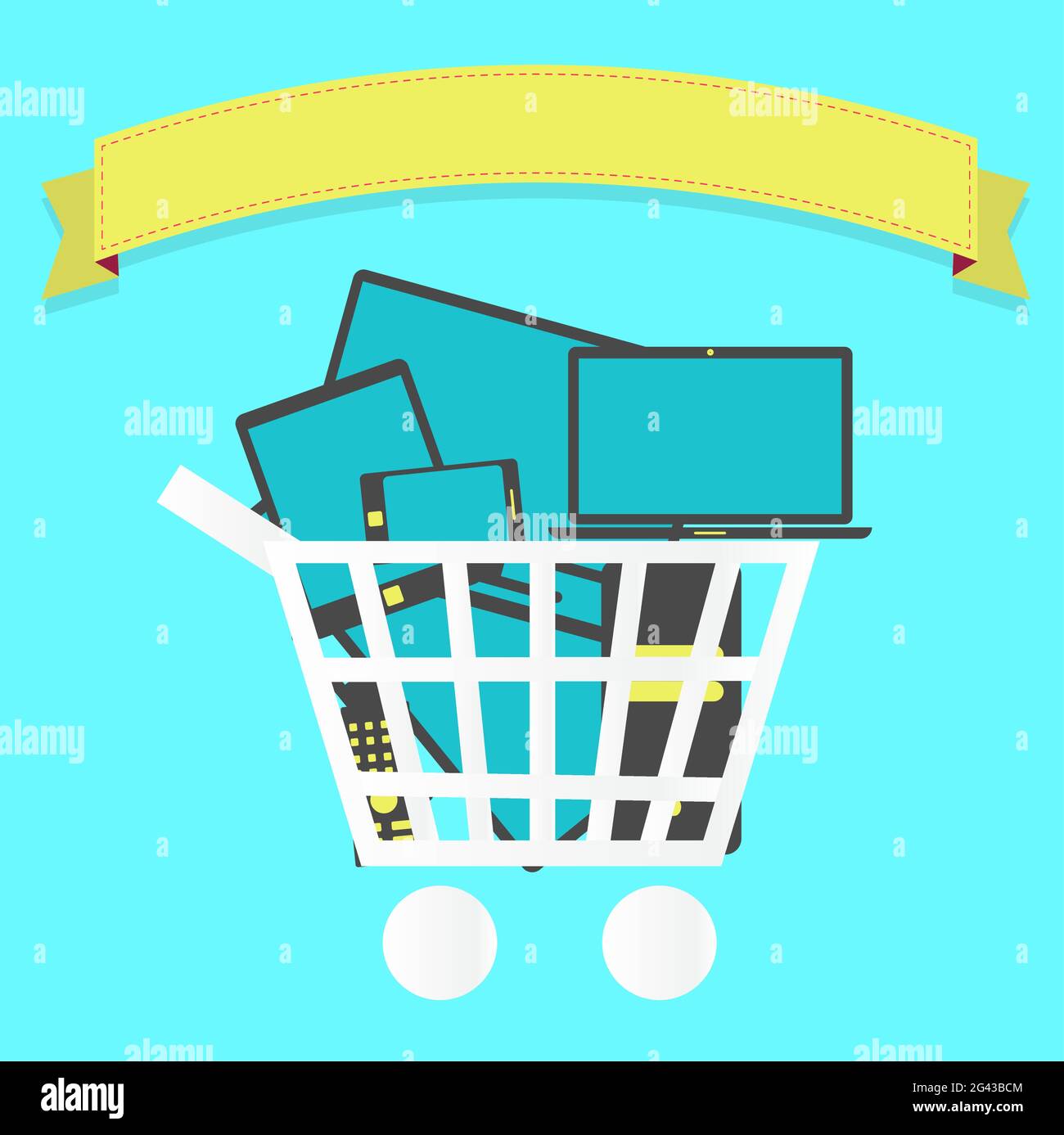 Panier plein d'électronique: Tablette, smartphone, ordinateur portable, tv. Ruban vierge pour insérer du texte. Illustration de Vecteur