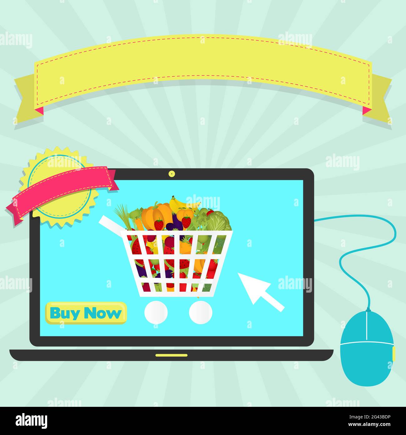 Acheter un panier plein de fruits et légumes en ligne par ordinateur portable. Œuvres d'art colorées. Ruban et tampon vierges pour insérer du texte. Illustration de Vecteur