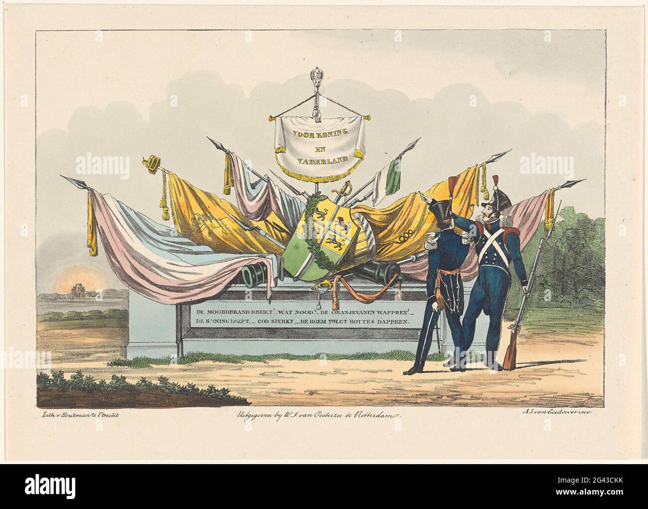 Allégorie pour le Schutterij de Rotterdam, 1830. Allégorie sur l'extension de la milice volontaire de Rotterdam, 20 octobre 1830. Deux soldats pour un monument doté d'un arsenal propriétaire de bannières et drapeaux, d'armes et d'une bannière avec l'inscription « for King and Fatherland ». Une inscription à deux pattes sur le monument. Dans la distance une ville brûlante. Banque D'Images