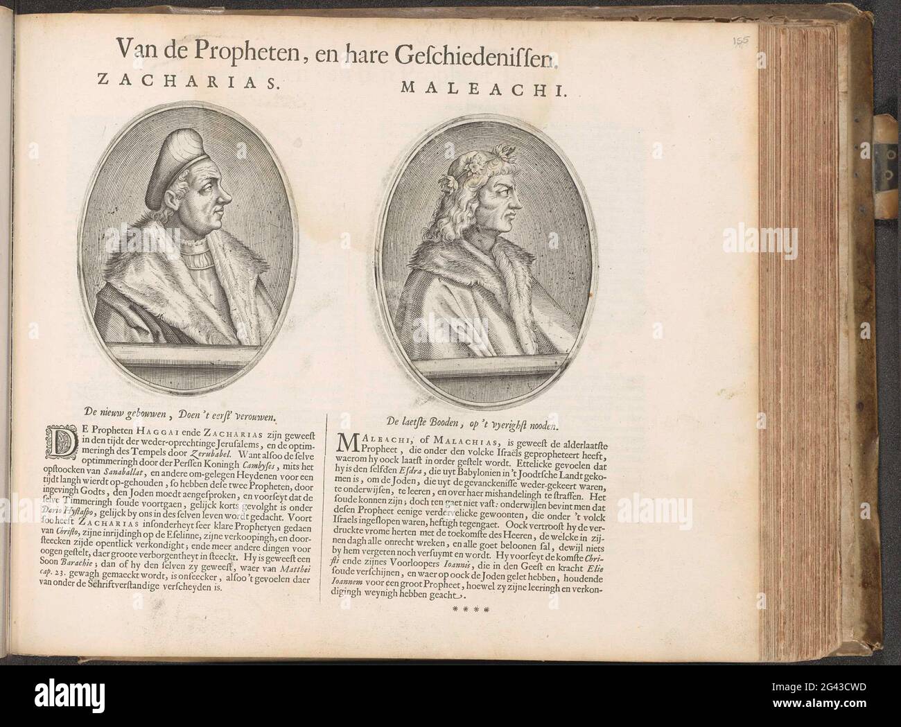 Portraits des prophètes Zacharie et Malachie; des prophètes, et de ses histoires; Den Grooten Emblemata Sacra, composé de plus de quatre cents par des figures de Belsche, comme des anciens comme des Nieuwen Testamments. Portraits de Sigismund Ier de Pologne et de Matthias Corvinus de Hongrie, dans cet album utilisé comme images des prophètes Zacharie et Malachi respectivement. Le texte d'accompagnement commence par une petite initiale décorée D. le magazine fait partie d'un album. Banque D'Images