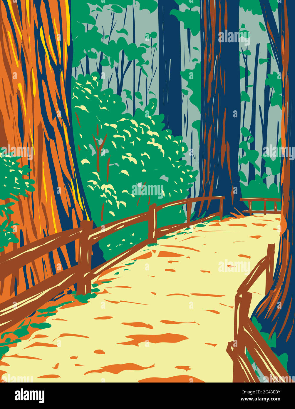 Affiche d'art WPA des séquoias dans Muir Woods National Monument dans Golden Gate National Recreation Area, San Francisco , Californie, Etats-Unis don Illustration de Vecteur