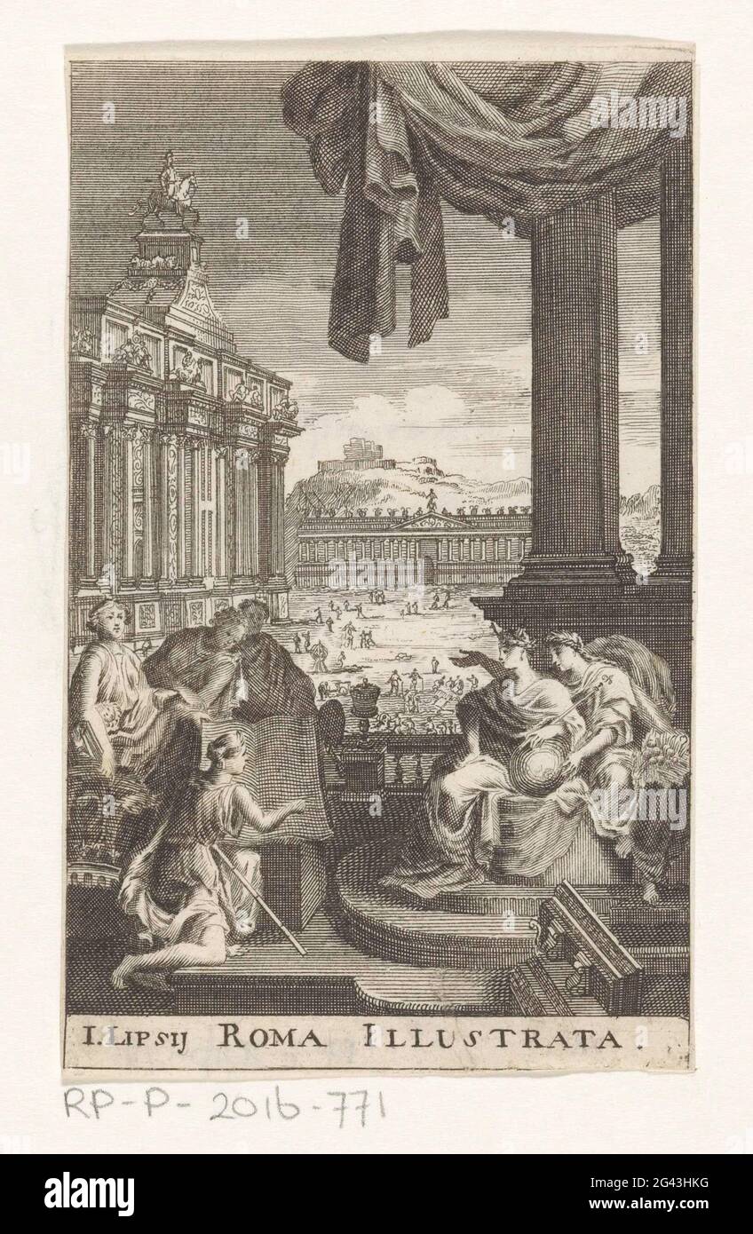 Arts présentant le livre à la femme couronnée; page de titre pour: Antonius Thysius, Justus Lipsius et Georg Fabricius, Roma Illustrata, S.A .. Quatre femmes personnifications de l'art avec une capitale, un buste, une palette de peinture et des instruments de mesure présentent un livre à une femme avec couronne et scrupter droit. Derrière elle se trouve une femme avec une couronne de Laurier et une cornucopia. En arrière-plan, l'arche triomphale de la place de la Nation et la façade est du Louvre à Paris, tous deux dessinés par Claude Perrault. L'imprimé est une copie de la page de titre des dix livres d'architecture de Vitruve (1673) de Per Banque D'Images