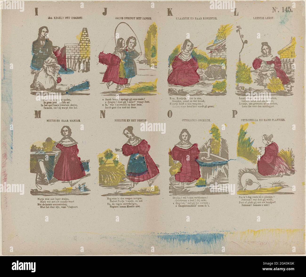 Alphabet. Feuille avec 8 représentations des lettres de l'alphabet (I-P) illustrées par des figures dont les noms commencent par la lettre correspondante. Sous chaque image, un verset de quatre lignes, un titre au-dessus de chaque image. Numéro en haut à droite : N° 145. Banque D'Images