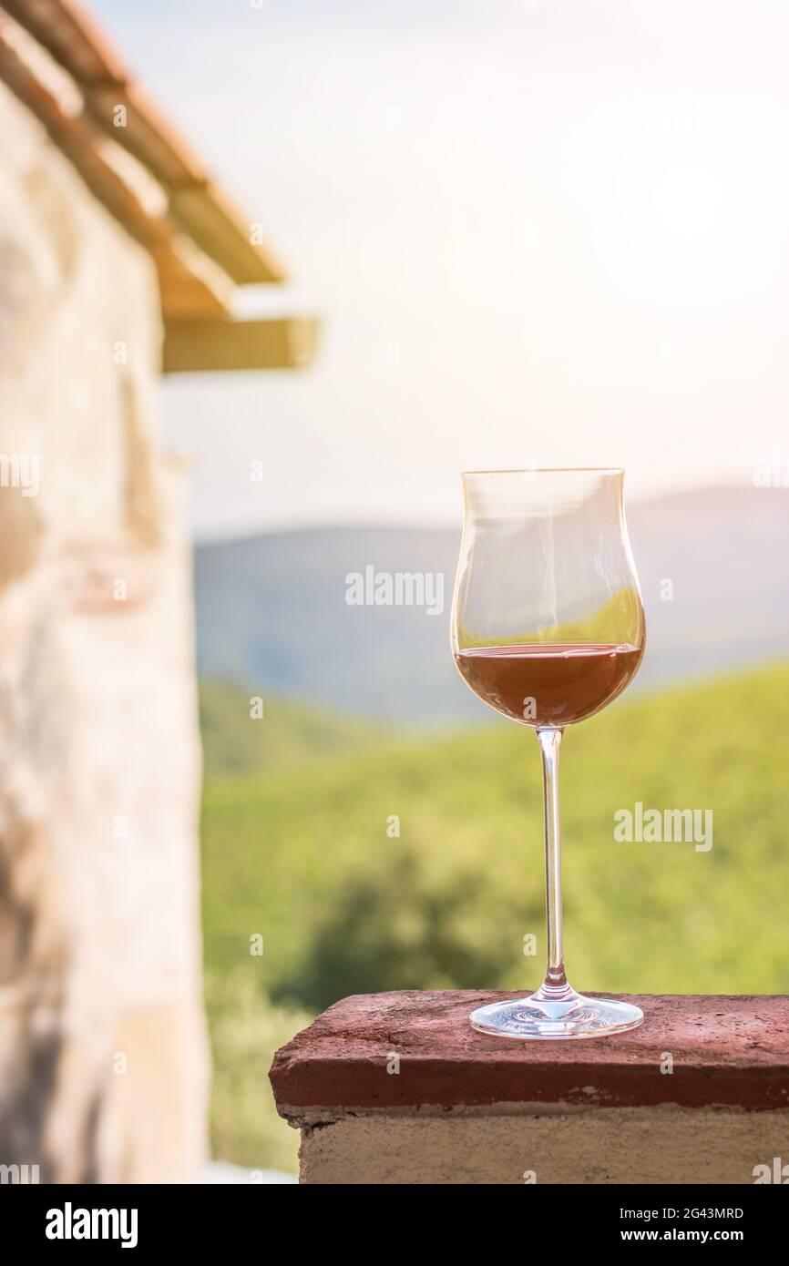 Verre de vin rouge en Toscane. Vignobles en arrière-plan. Soleil. Banque D'Images