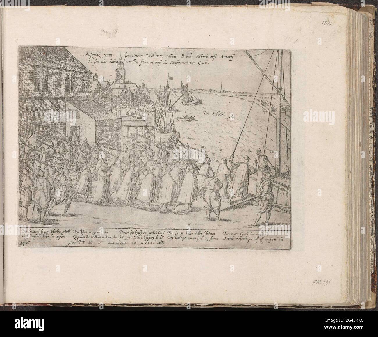 Les jésuites et les moins-frères quittent Anvers, 1578; Aufzugk xiiii jesuweiten und xv moins frère Munch auß Antorff das Seie Nitt haben Woolen Schweren auf that pacification von Gendt; série 8: Événements hollandais, 1577-1583. Les Jésuites et les frères moins-frères quittent la ville d'Anvers sous la direction armée, le 18 mai 1578, après leur refus d'obéir à l'interdiction des sermons. Au port ils vont à bord d'une barge. Avec légende de 10 lignes en allemand. À gauche ci-dessous numéroté: 146. L'impression fait partie d'un album. Banque D'Images