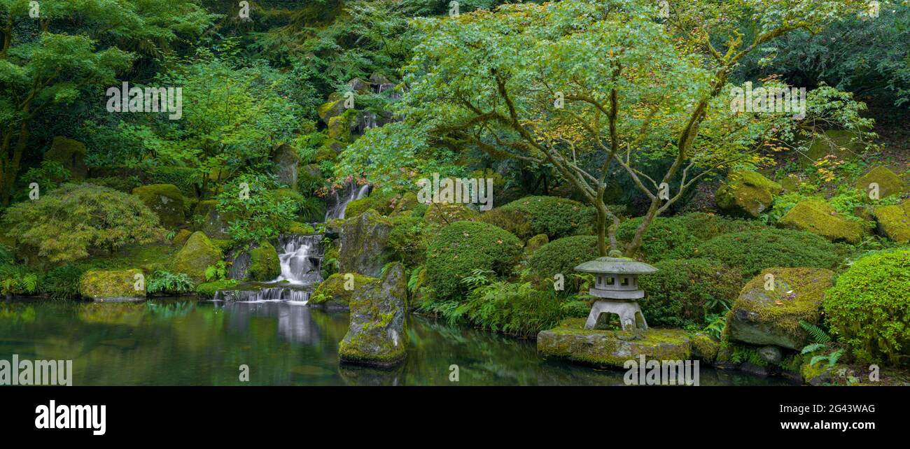 Paysage de jardin japonais avec étang, Portland, Oregon, Etats-Unis Banque D'Images