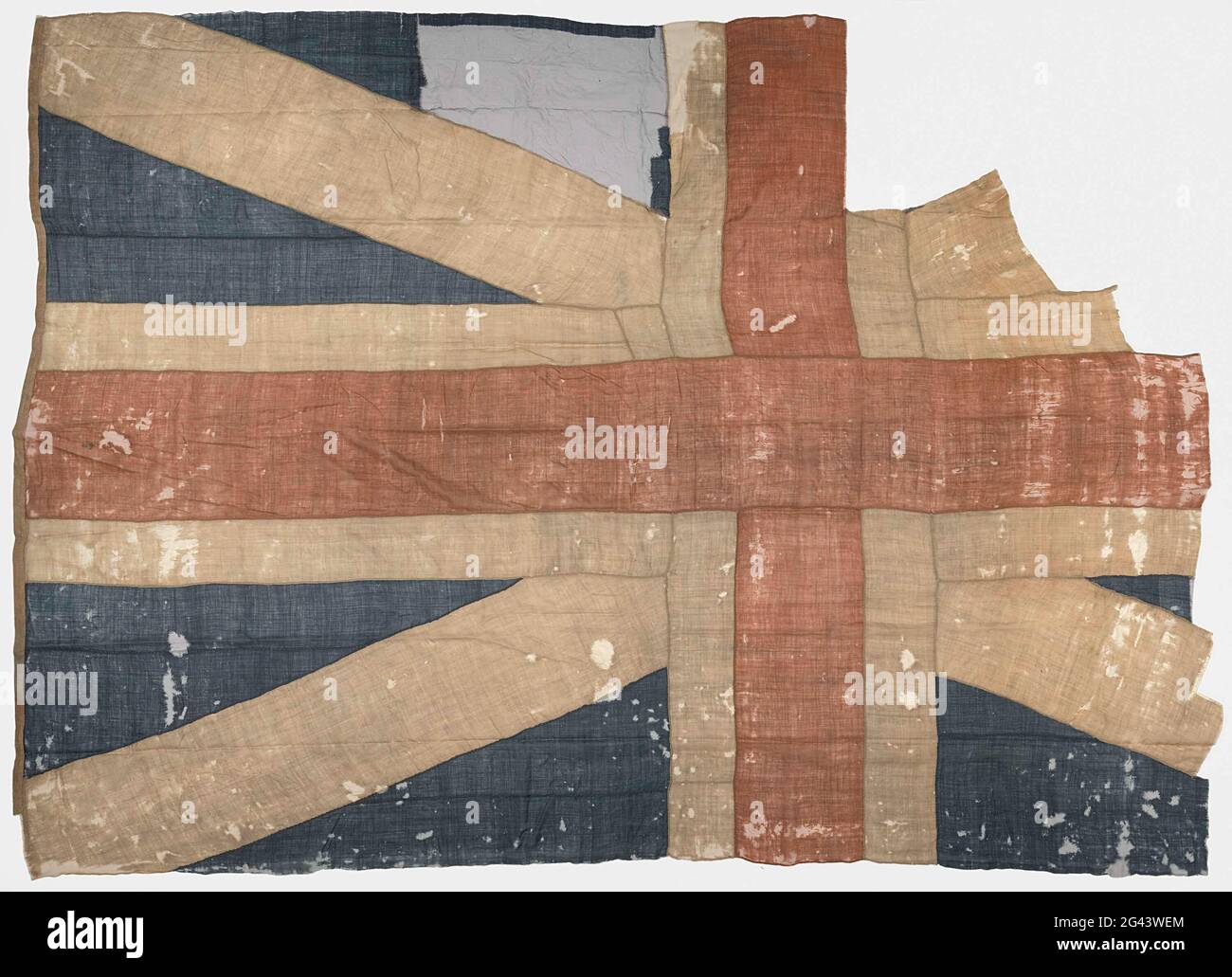Fragment d'un drapeau de navire. Fragment d'un drapeau de navire, le côté de vol est manquant, bleu avec une croix rouge sur une croix blanche sur un Andrieskruis blanc. C'est une période invisible de 1606-1700. Banque D'Images