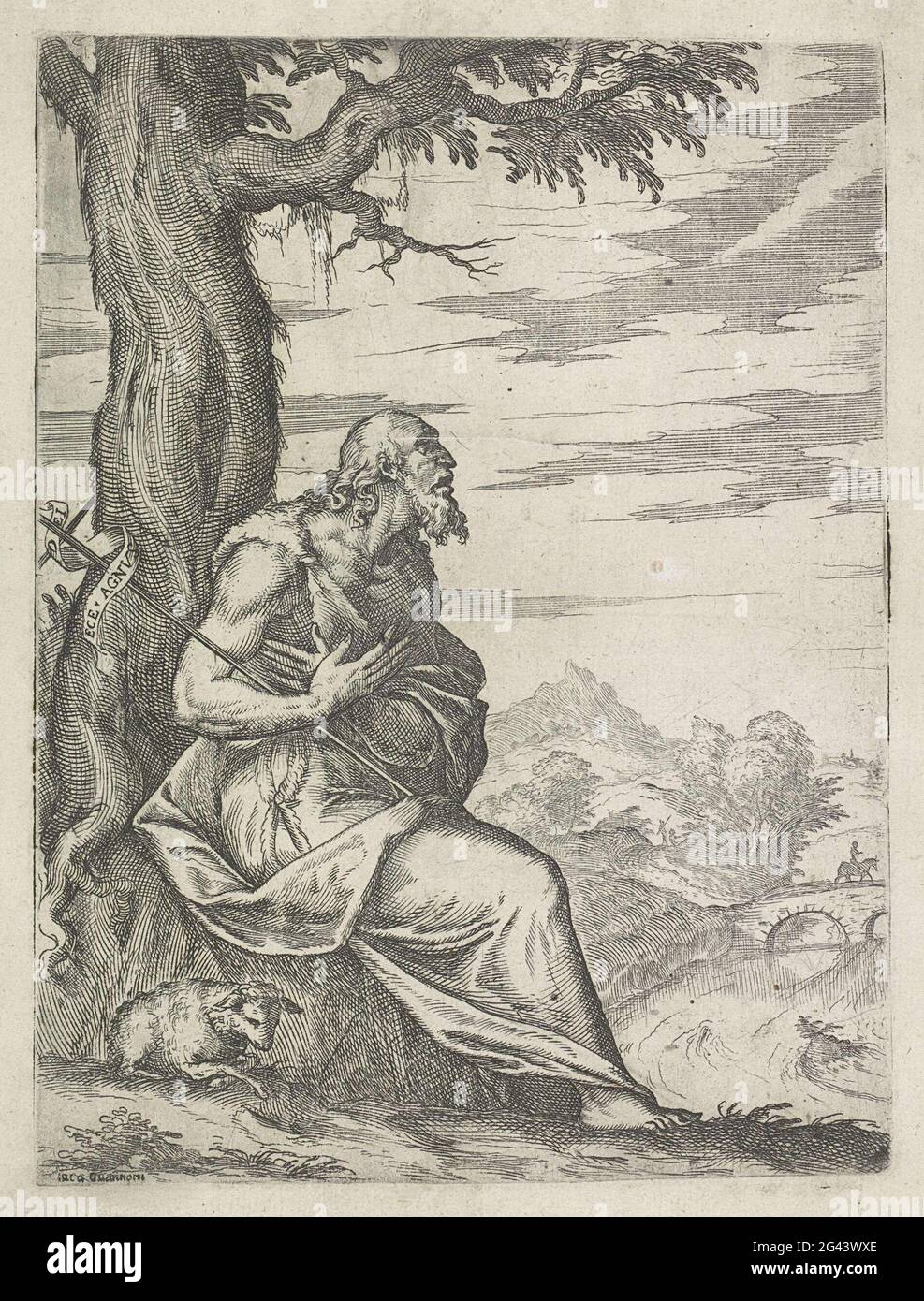 Jean-Baptiste dans le désert. Jean-Baptiste assis sous un arbre sauvage dans le désert. À côté de lui son agneau. Banque D'Images