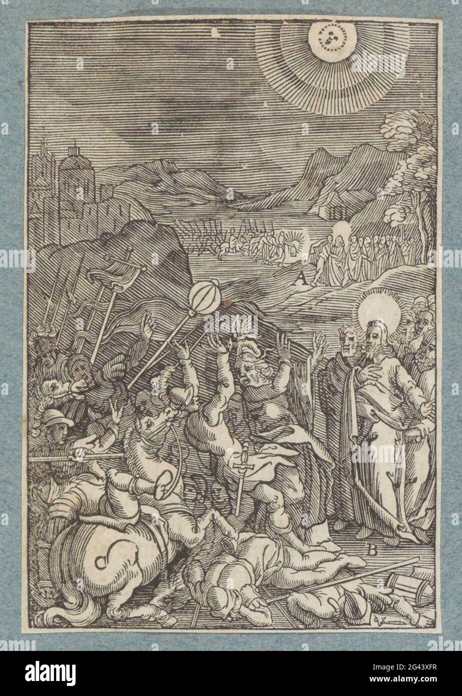 Nom de famille de Judas. Christ s'annonce dans la cour de Getemane. Judas, avec le diable sur sa tête, et les soldats sont approfondis et tombent sur le sol. En arrière-plan, vous pouvez voir comment Judas Christ se trouve sur la Wang. Avec divers éléments de l'émission sont des lettres. L'impression fait partie d'un album. Banque D'Images