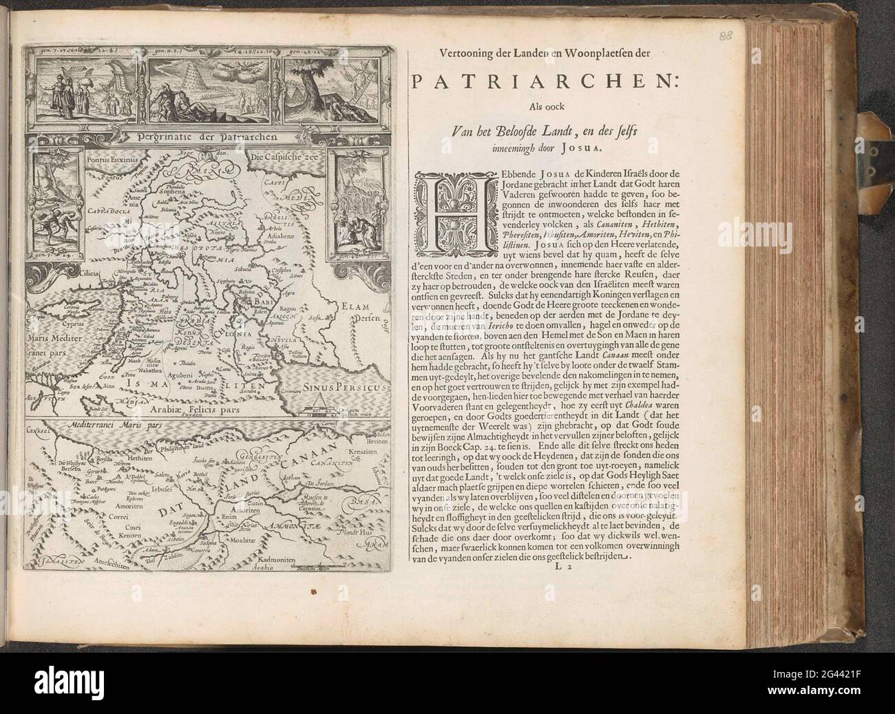 Carte avec les errances des patriarches; Pegrination des patriarches; exposition des pays et logement des lits des patriarches (...); Den Grooten Emblemata Sacra, composé de plus de quatre cents de figures de Belsche, comme des anciens comme des Nieuwen Testaments. Carte en deux parties sur les errances des patriarches. Avec cinq Paris: L'expulsion d'Adam et Eve du Paradis (Genèse 3: 24); Noé et l'Arche (Genèse 7:13, 8:16), Abraham et Lot partent pour Canaan (Genèse 12: 4); la tour de Babel (Genèse 11: 8), Abrahams rencontre avec le pont Melchis (général 14:18), le sacrifice d'Isaac (Genèse 22:10); Jacob's. Banque D'Images