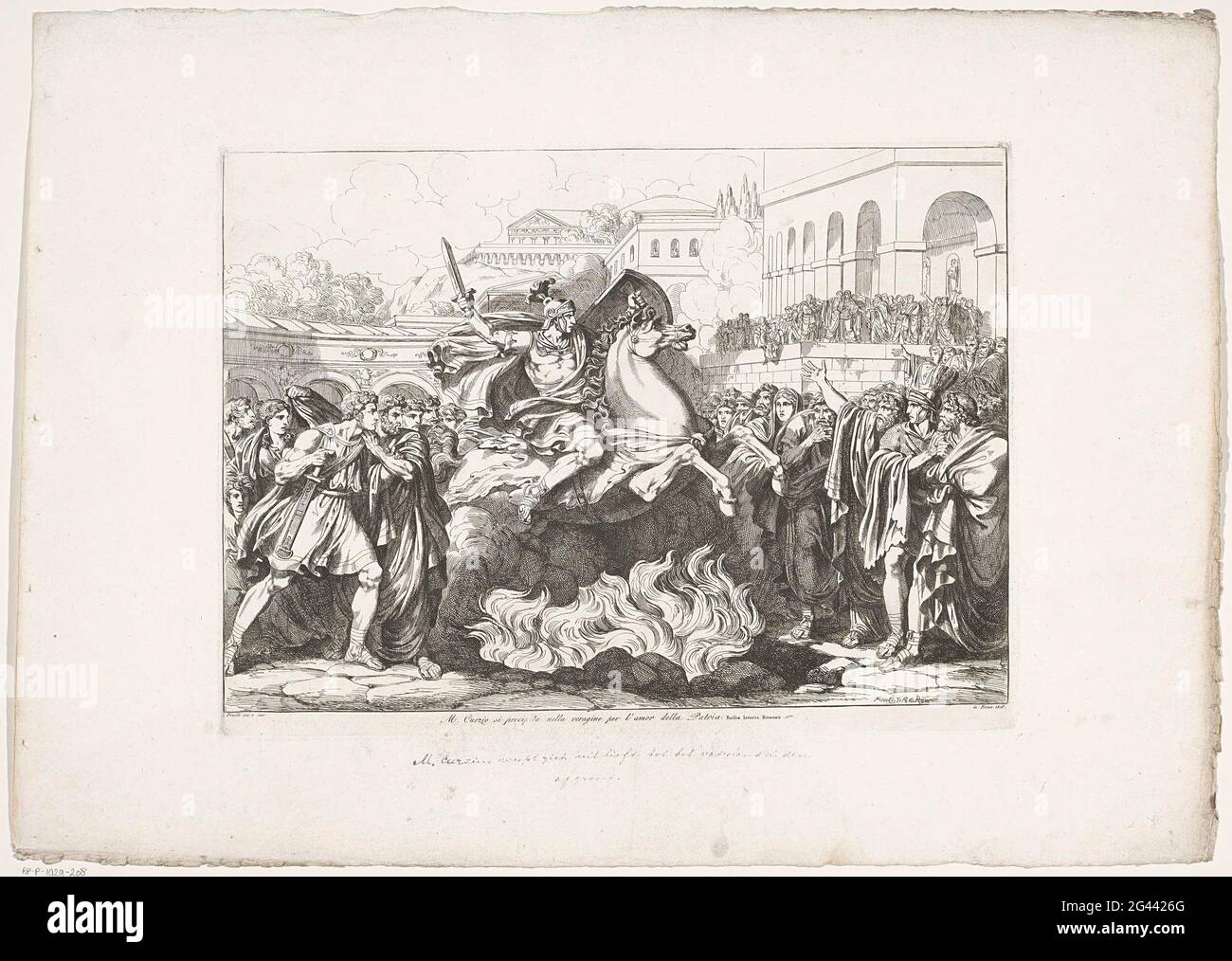 Le sacrifice de Marcus Curtius; M. Curzio si Pastriita Nella Voragine par l'Amor della Patria; Histoire de l'Empire romain; Frontespizio della Iistantia Romana. Marcus Curtius armé à cheval. Il est sur le point de sauter dans la terre dans une déchirure. La légende dit que l'écart ne pourrait être poème qu'en sacrifiant 'la propriété la plus précieuse'. Marcus Curtius considérait le courage et la puissance des soldats romains comme les plus précieux, il sacrifie et se déverse dans le fossé brûlant. Banque D'Images