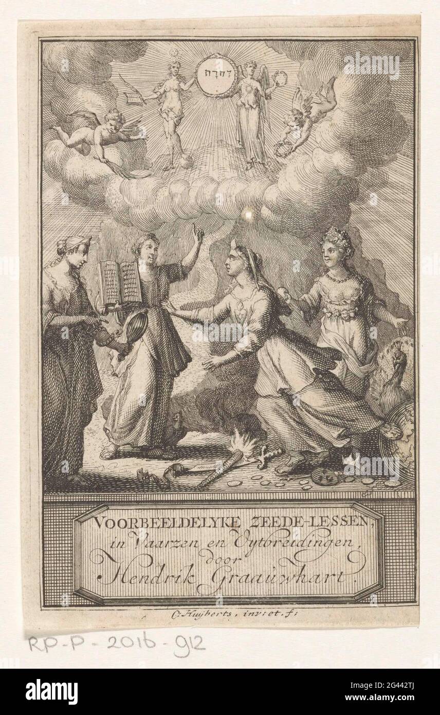 Performance allégorique avec foi, vérité et simplicité; page de titre pour:  Hendrik Graauwhart, Frontbeechelyke Zeede lecture, dans les génisses et les  uytbids, 1725. La foi (ou la virilité) avec la flamme sur